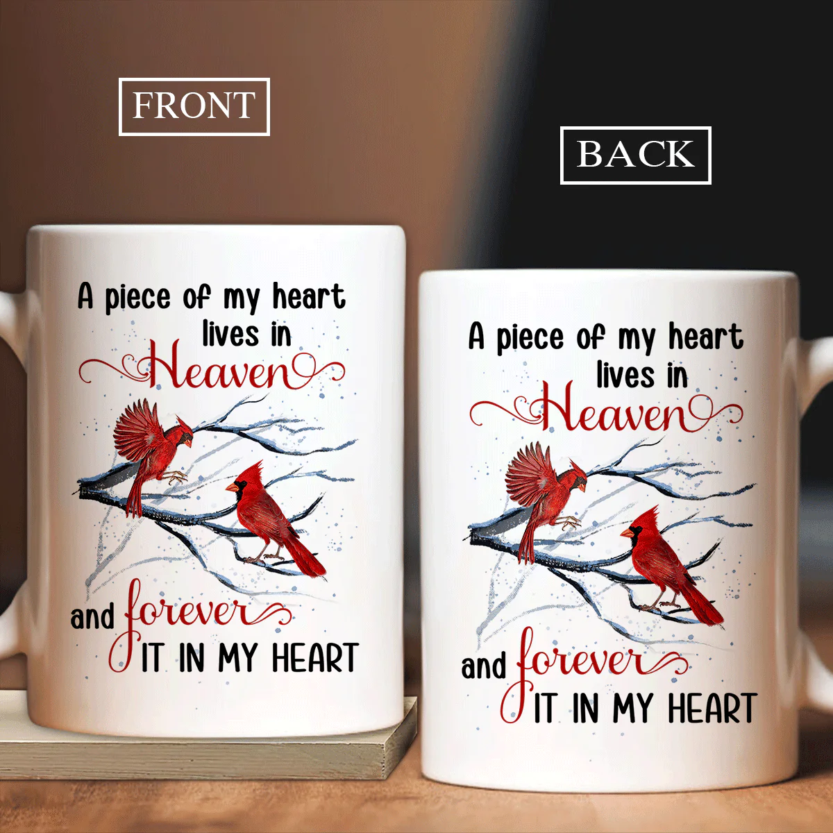Memorial White Mug - Cardinal Painting, Winter Tree Mug - A Piece Of My Heart Lives In Heaven Mug - Gift For Members Family