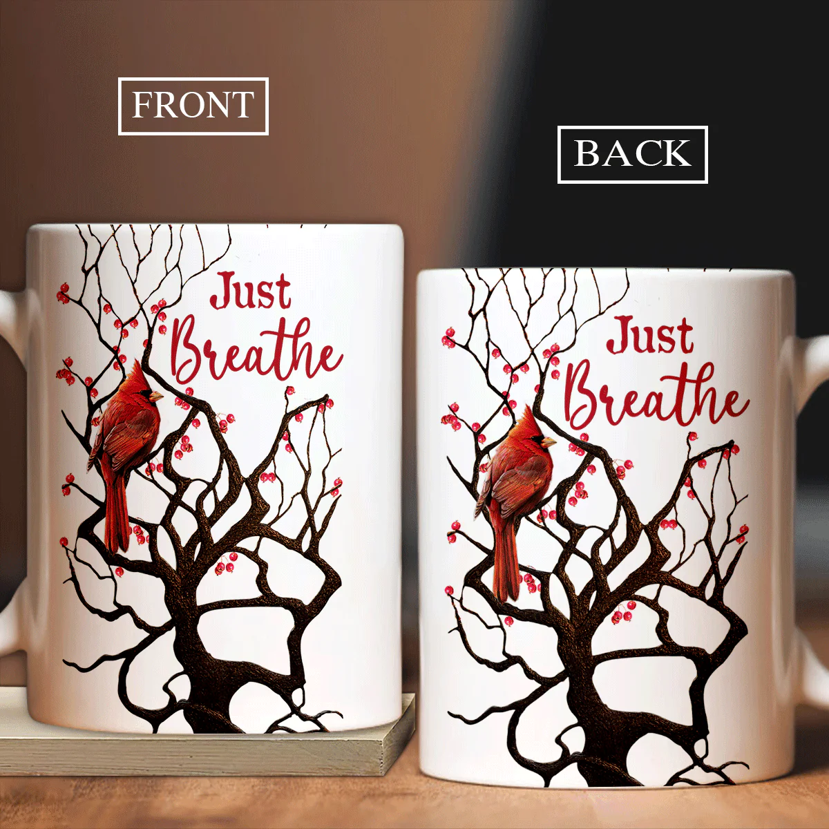 Memorial White Mug - Cranberry Tree, Big Red Cardinal, Winter Painting - Just Breathe Mug - Heaven White Mug - Gift For Members Family