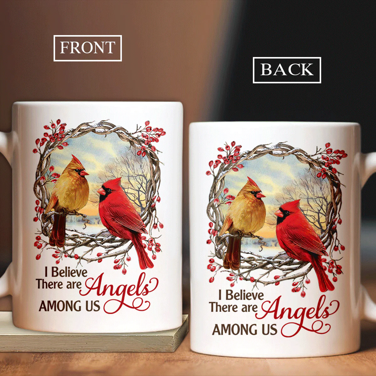 Memorial White Mug - Cranberry Wreath, Beautiful Sunset, Cardinal Drawing - I Believe There Are Angels Among Us Heaven Mug - Gift For Members Family