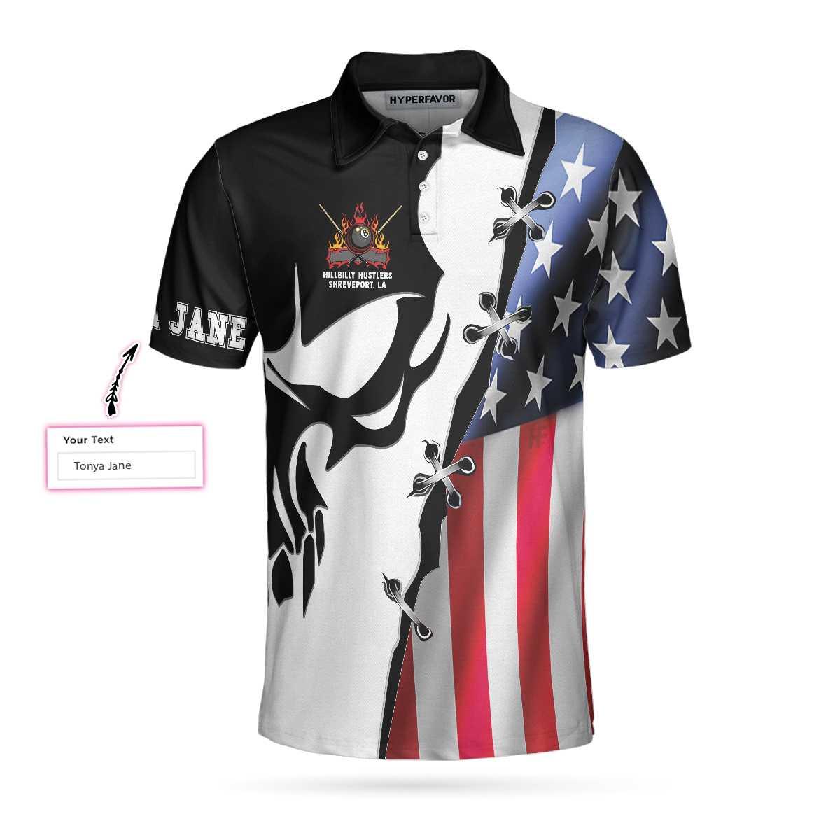 Men Billiard Polo Shirt - Personalized US Flag Billiards Men Polo Shirt, Hillbilly Hustlers Custom Polo Shirt, Best Gift For Billiards Lovers
