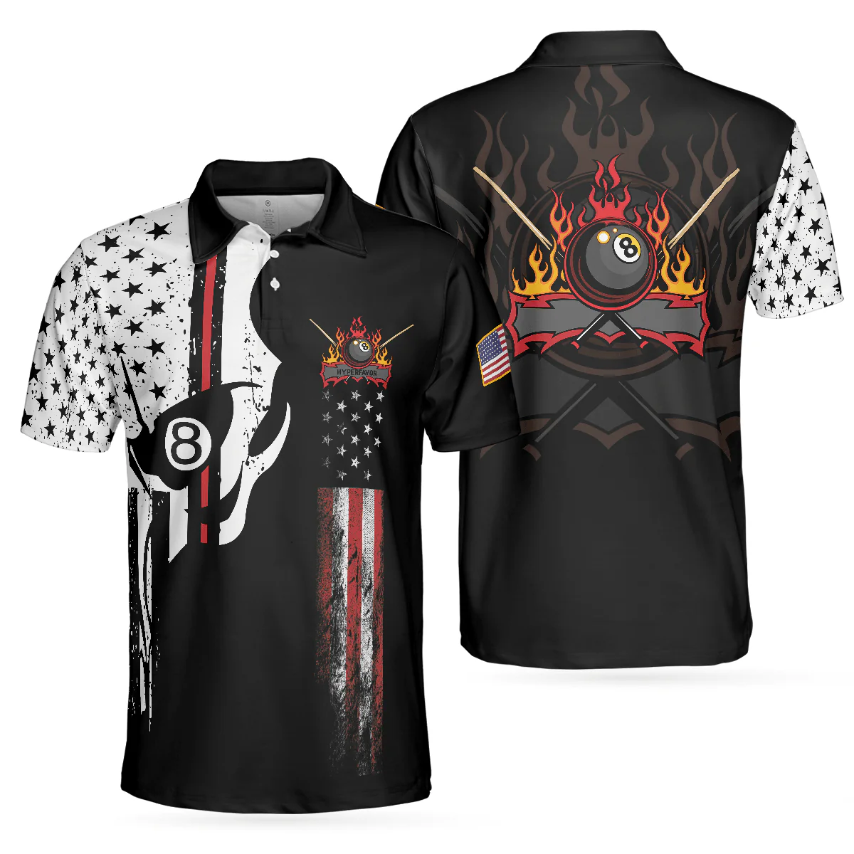 Men Billiards Polo Shirt - Skull Billiards Pool Polo Shirt, Black And White American Flag Polo Shirt, Patriotic Billiards Shirt For Men, Billiard Lovers