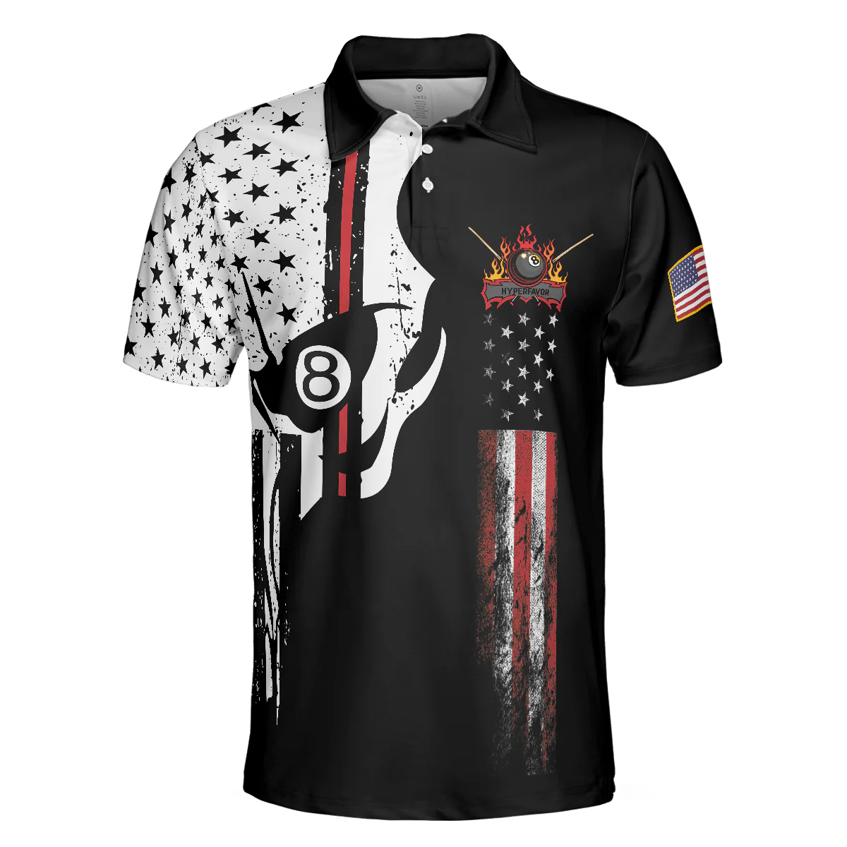 Men Billiards Polo Shirt - Skull Billiards Pool Polo Shirt, Black And White American Flag Polo Shirt, Patriotic Billiards Shirt For Men, Billiard Lovers - Image 2