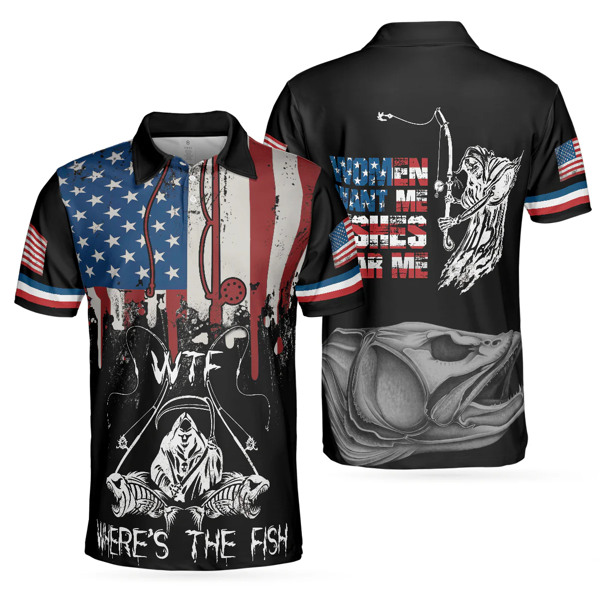 Men Fishing Polo Shirt - Woman Want Me Fishes Fear Me White Version Polo Shirt, Fish Skeleton Reaper US Flag Polo Shirt, Best Fishing Shirt For Men