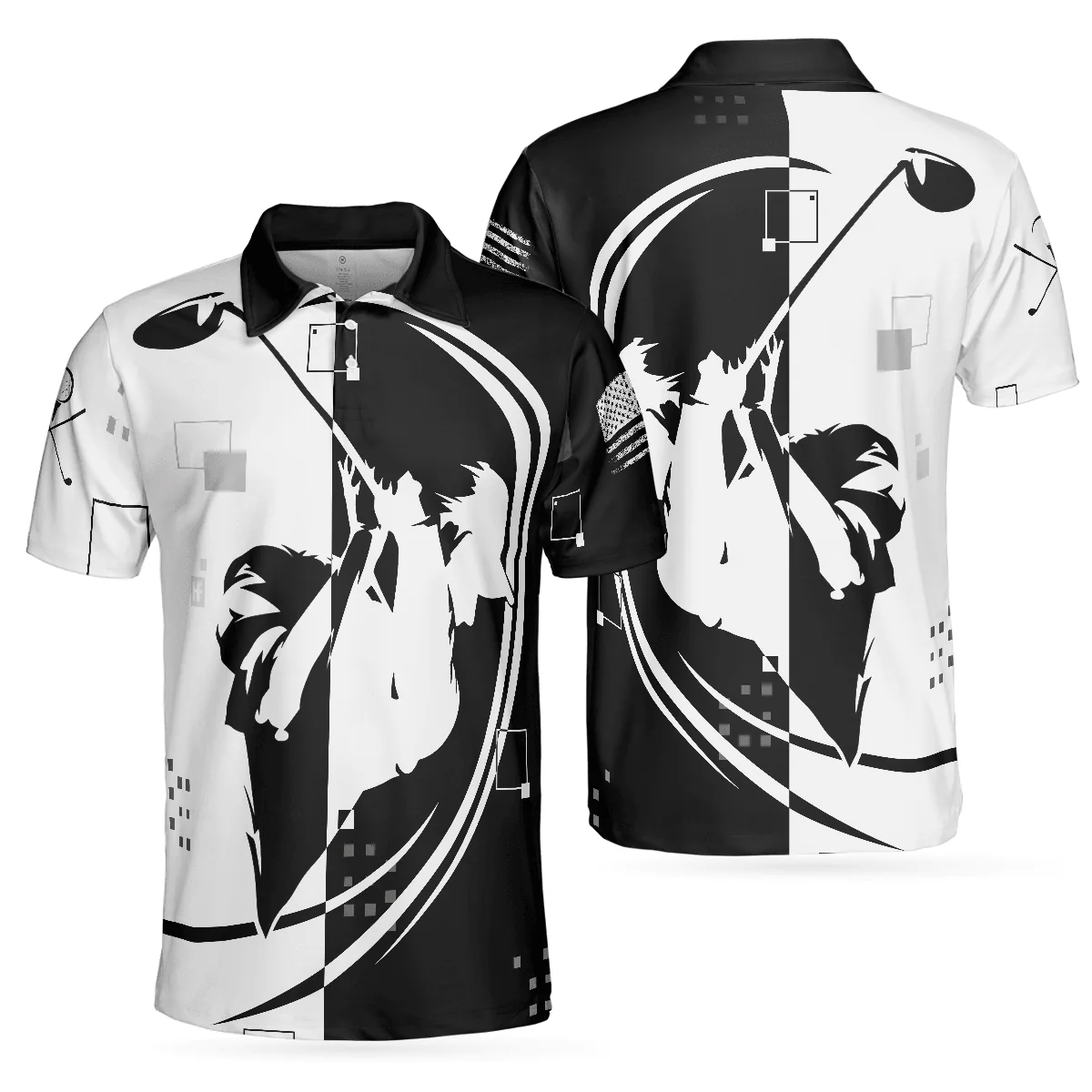 Men Golf Polo Shirt - American Golfer Hard Swing US Flag Polo Shirt, Black And White American Flag Polo Shirt - Perfect Polo Shirt For Men, Golfers