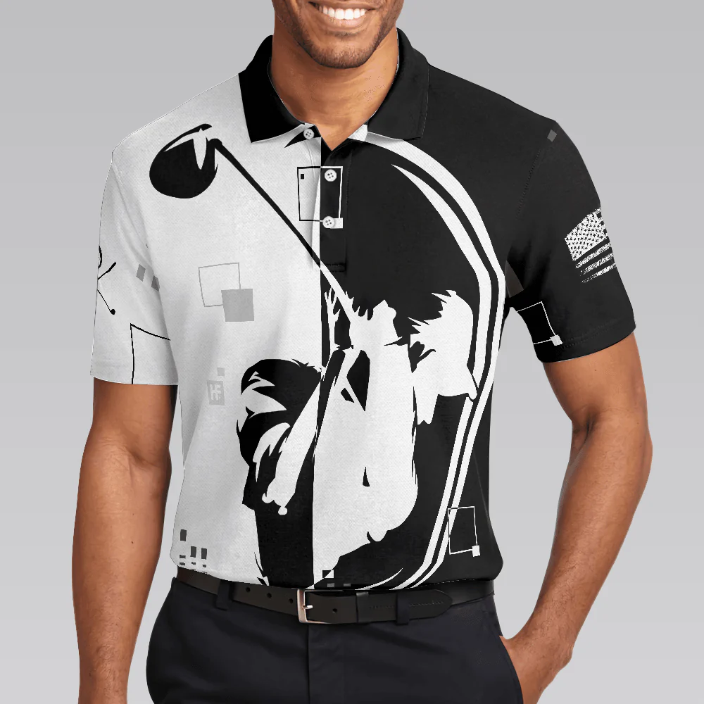 Men Golf Polo Shirt - American Golfer Hard Swing US Flag Polo Shirt, Black And White American Flag Polo Shirt - Perfect Polo Shirt For Men, Golfers - Image 4