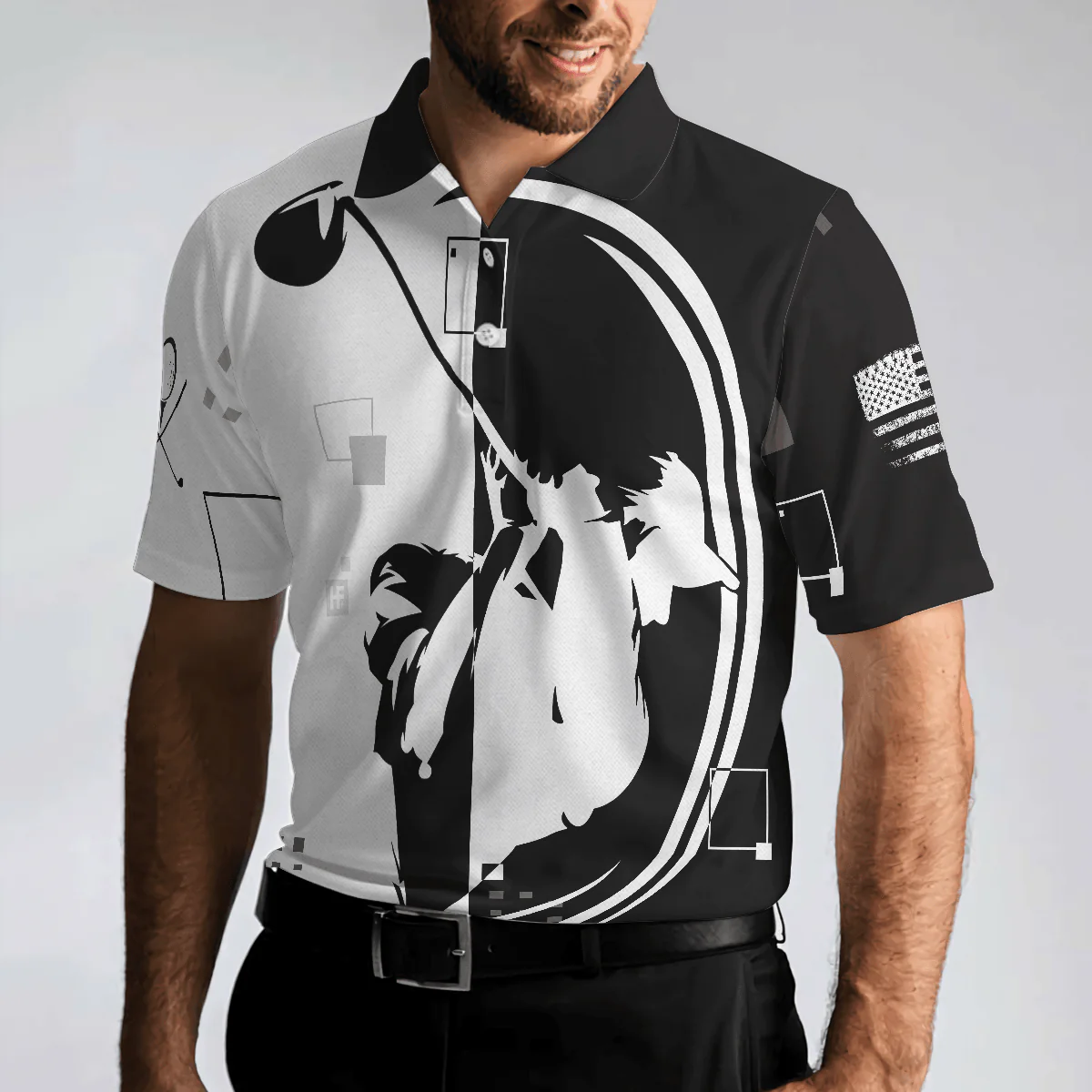 Men Golf Polo Shirt - American Golfer Hard Swing US Flag Polo Shirt, Black And White American Flag Polo Shirt - Perfect Polo Shirt For Men, Golfers - Image 5