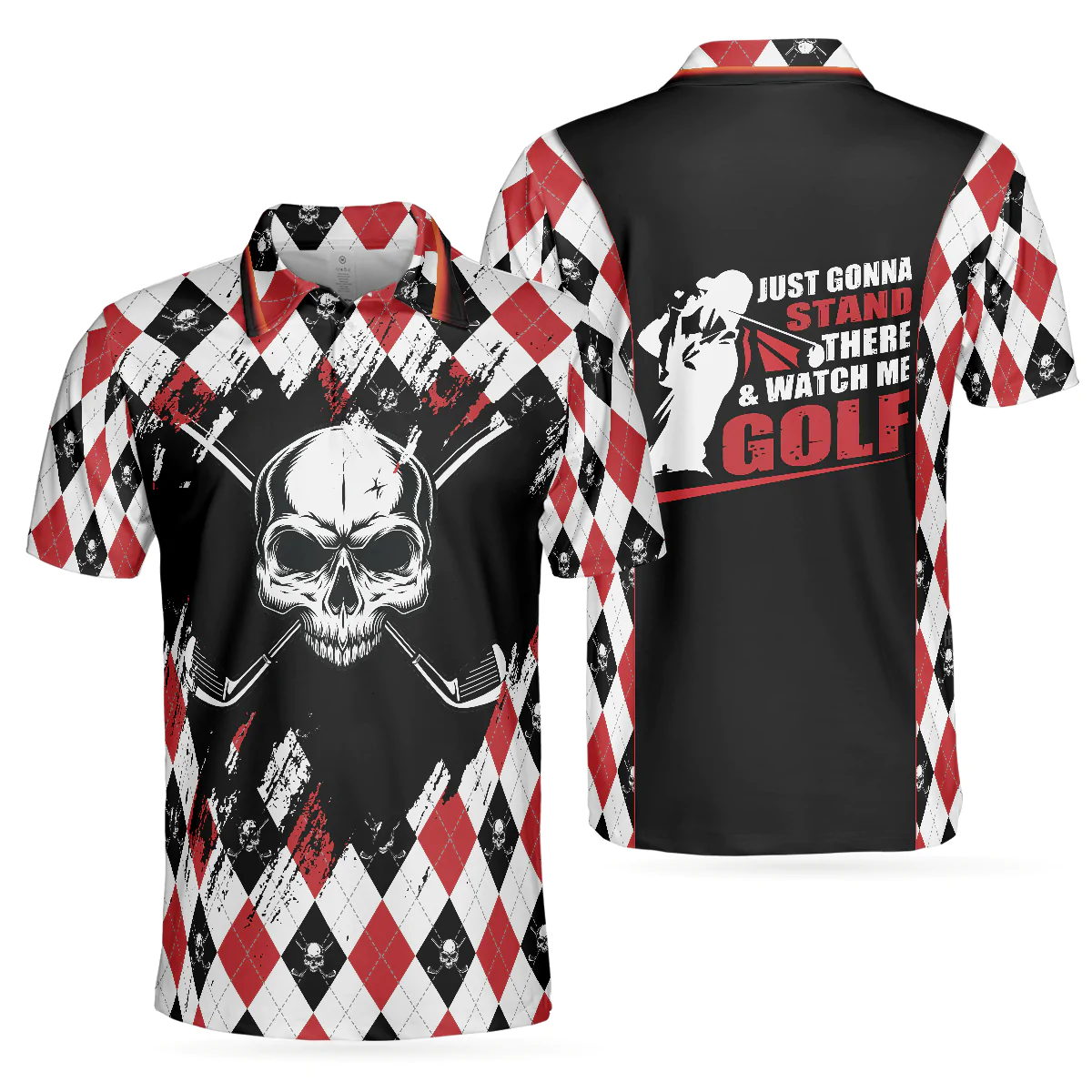 Men Golf Polo Shirt - Argyle Pattern Skull Golf Men Polo Shirt, Just Gonna Stand There And Watch Me Golf Shirt - Perfect Polo Shirt For Men, Golfers