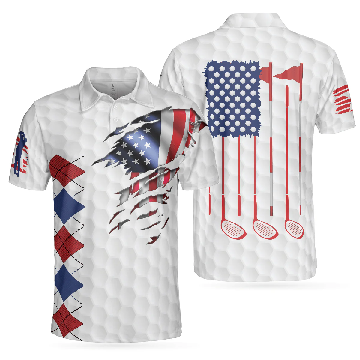 Men Golf Polo Shirt - Golf American Flag Argyle, White Golf Texture American Flag Men Polo Shirt - Perfect Polo Shirt For Men, Golfers