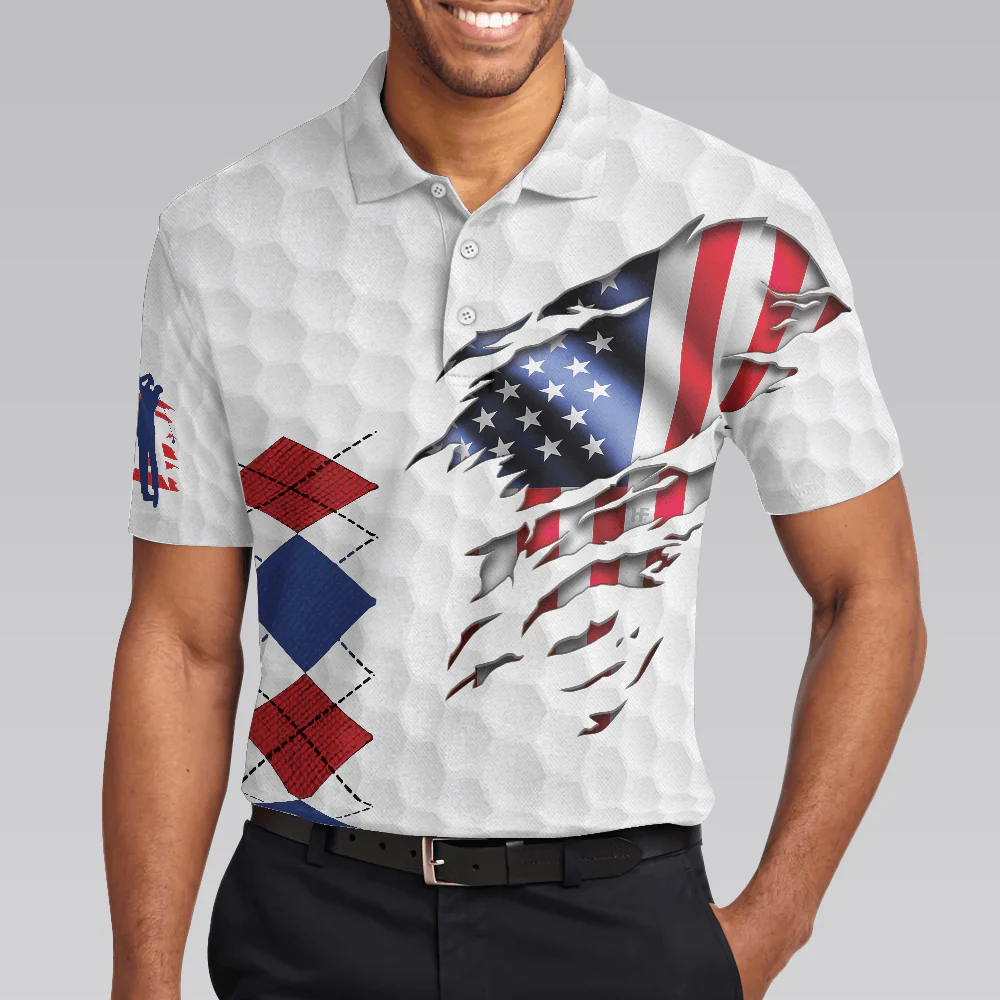 Men Golf Polo Shirt - Golf American Flag Argyle, White Golf Texture American Flag Men Polo Shirt - Perfect Polo Shirt For Men, Golfers - Image 4