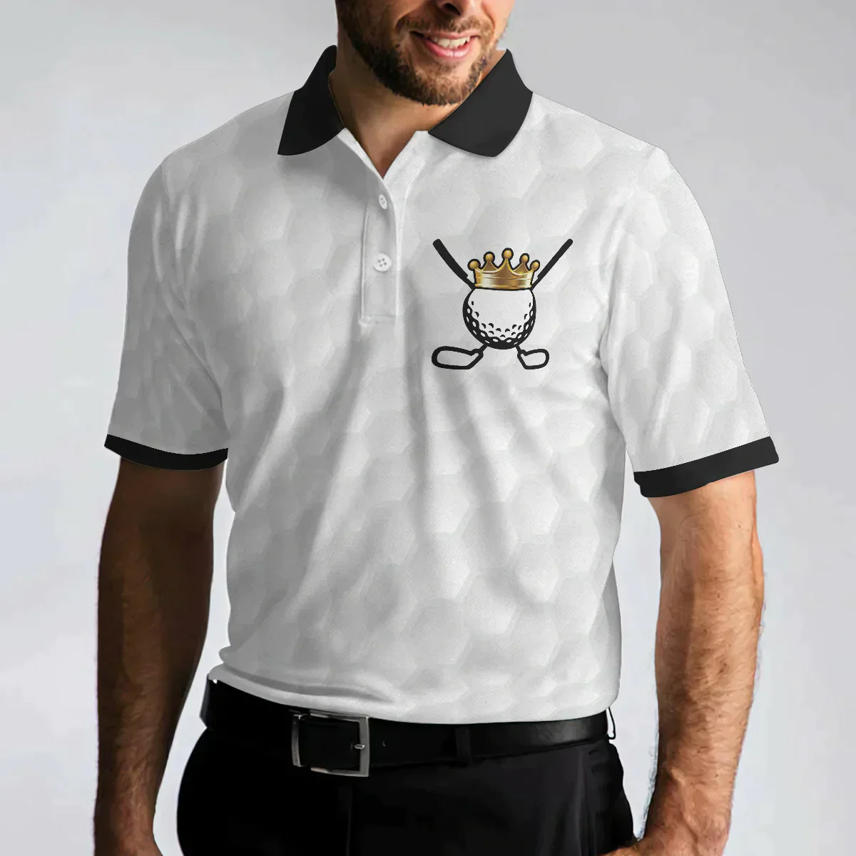 Men Golf Polo Shirt - Golf Ball Texture Golfer On Throne, King Of Golf Black And White Men Polo Shirt - Perfect Polo Shirt For Men, Golfers - Image 5