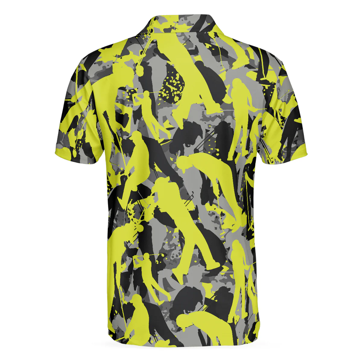 Men Golf Polo Shirt - Golf Camo Light Green Pattern Golf Polo Shirt, Yellow Silhouette Golfing Polo Shirt, Camouflage Golf Shirt For Men, Golfers - Image 2