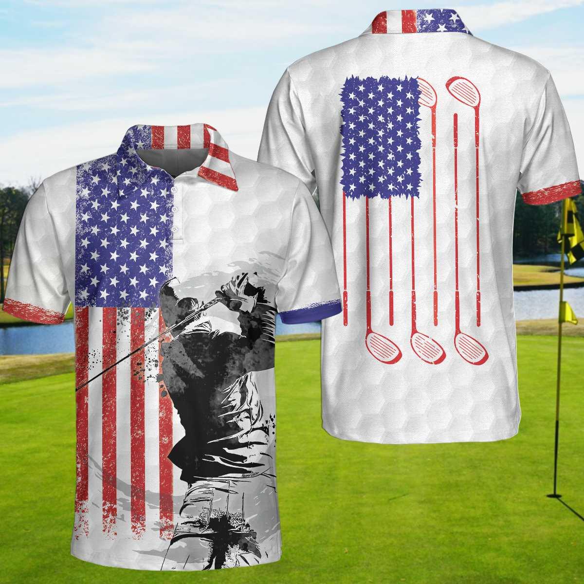 Men Golf Polo Shirt - Golf Club Style American Flag Polo Shirt, Patriotic Golf Shirt For Men - Perfect Polo Shirt For Men, Golfers