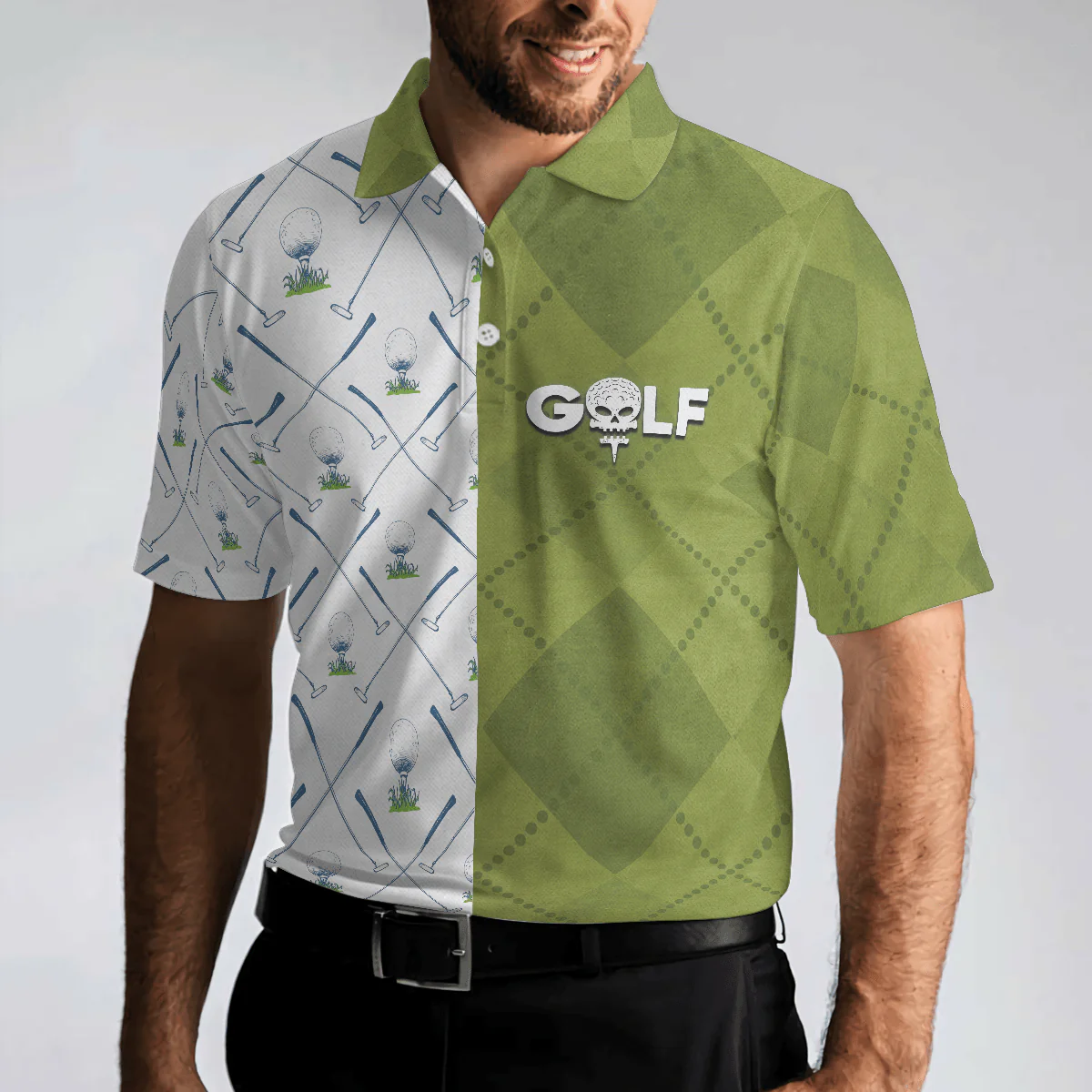 Men Golf Polo Shirt - Golf Green And White Pattern Men Polo Shirt, Golf Clubs Golf Ball Argyle Pattern Skull Polo Shirt - Perfect Polo Shirt For Men, Golfers - Image 4