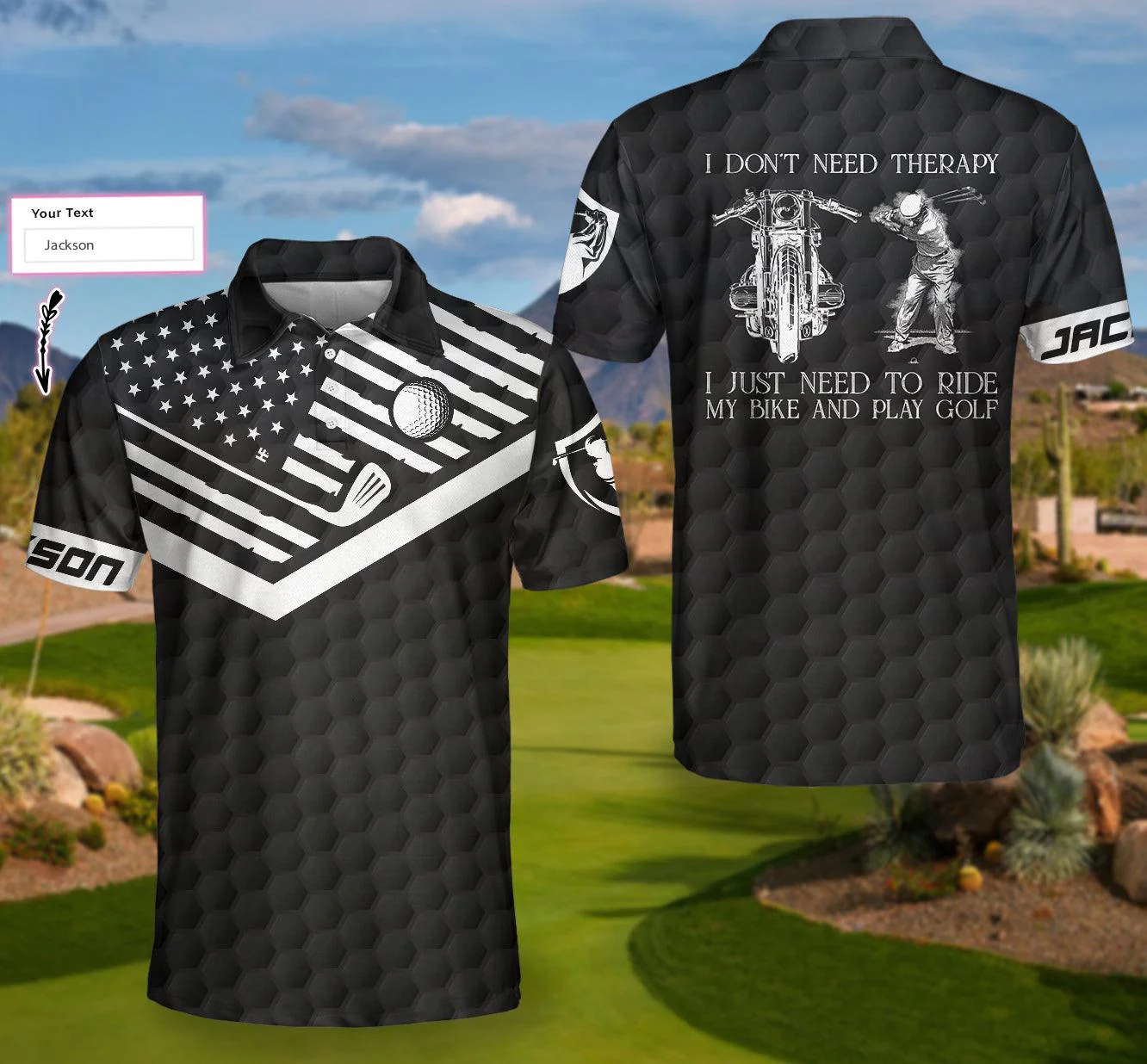 Men Golf Polo Shirt - Golf in Desert Custom, I Don't Need Therapy I Just Need To Ride My Bike And Play Gol - Perfect Polo Shirt For Men, Golfers