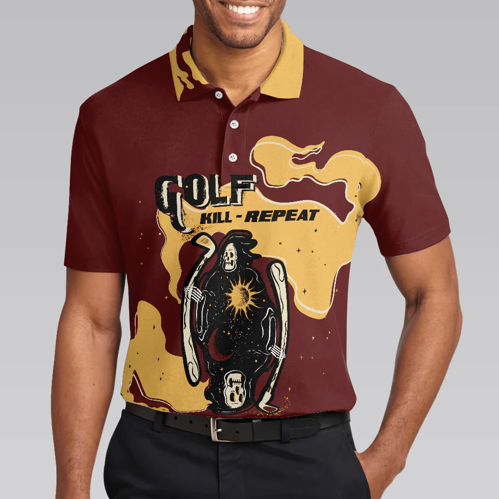 Men Golf Polo Shirt - Golf Kill Repeat Funny Death Skull Polo Shirt, Vintage Men Golf Polo Shirt - Perfect Polo Shirt For Men, Golfers - Image 5