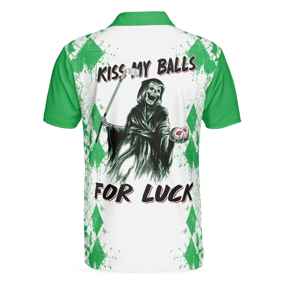 Men Golf Polo Shirt - Golf Kiss My Balls Polo Shirt, Green Argyle Pattern, Scary Halloween Men Golf Polo Shirt - Perfect Polo Shirt For Men, Golfers - Image 2
