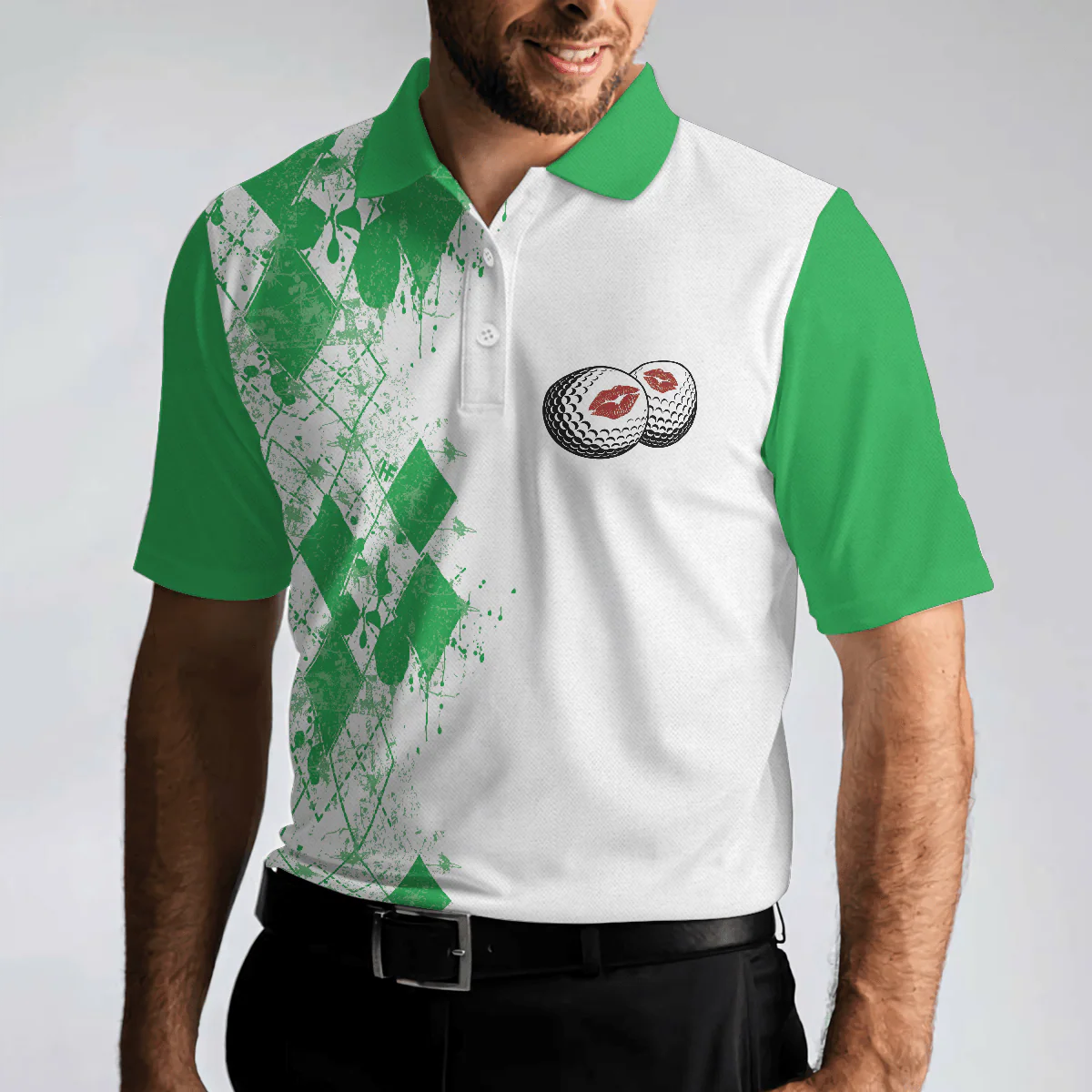 Men Golf Polo Shirt - Golf Kiss My Balls Polo Shirt, Green Argyle Pattern, Scary Halloween Men Golf Polo Shirt - Perfect Polo Shirt For Men, Golfers - Image 5