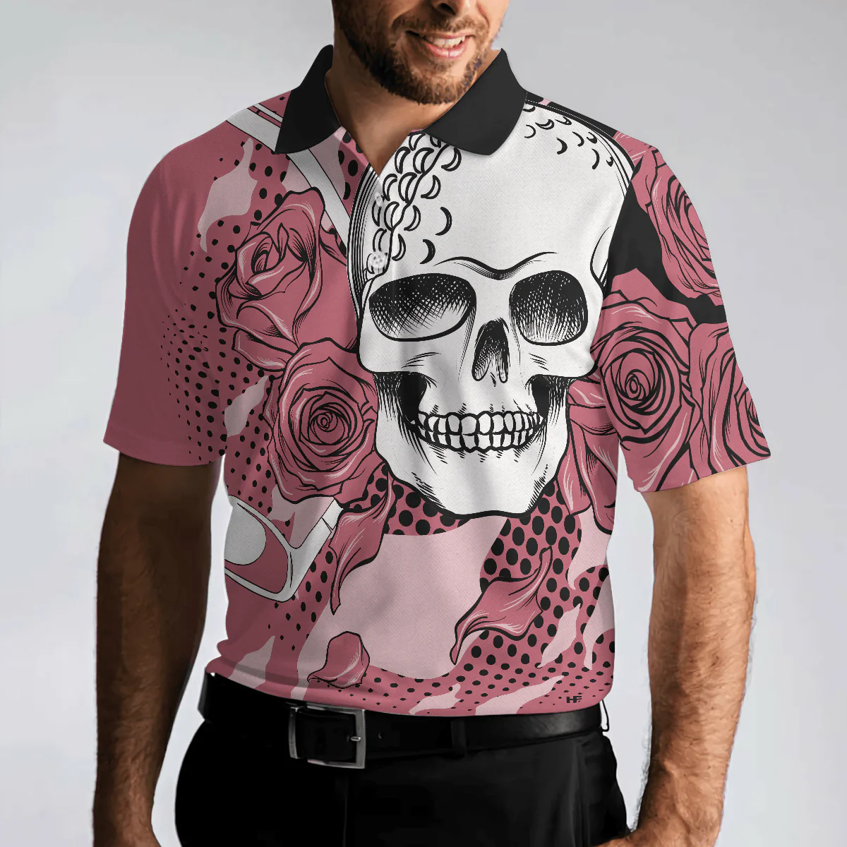 Men Golf Polo Shirt - Golf Rose Skull Men Polo Shirt, Pink Men Golf Polo Shirt - Perfect Polo Shirt For Men, Golfers - Image 4