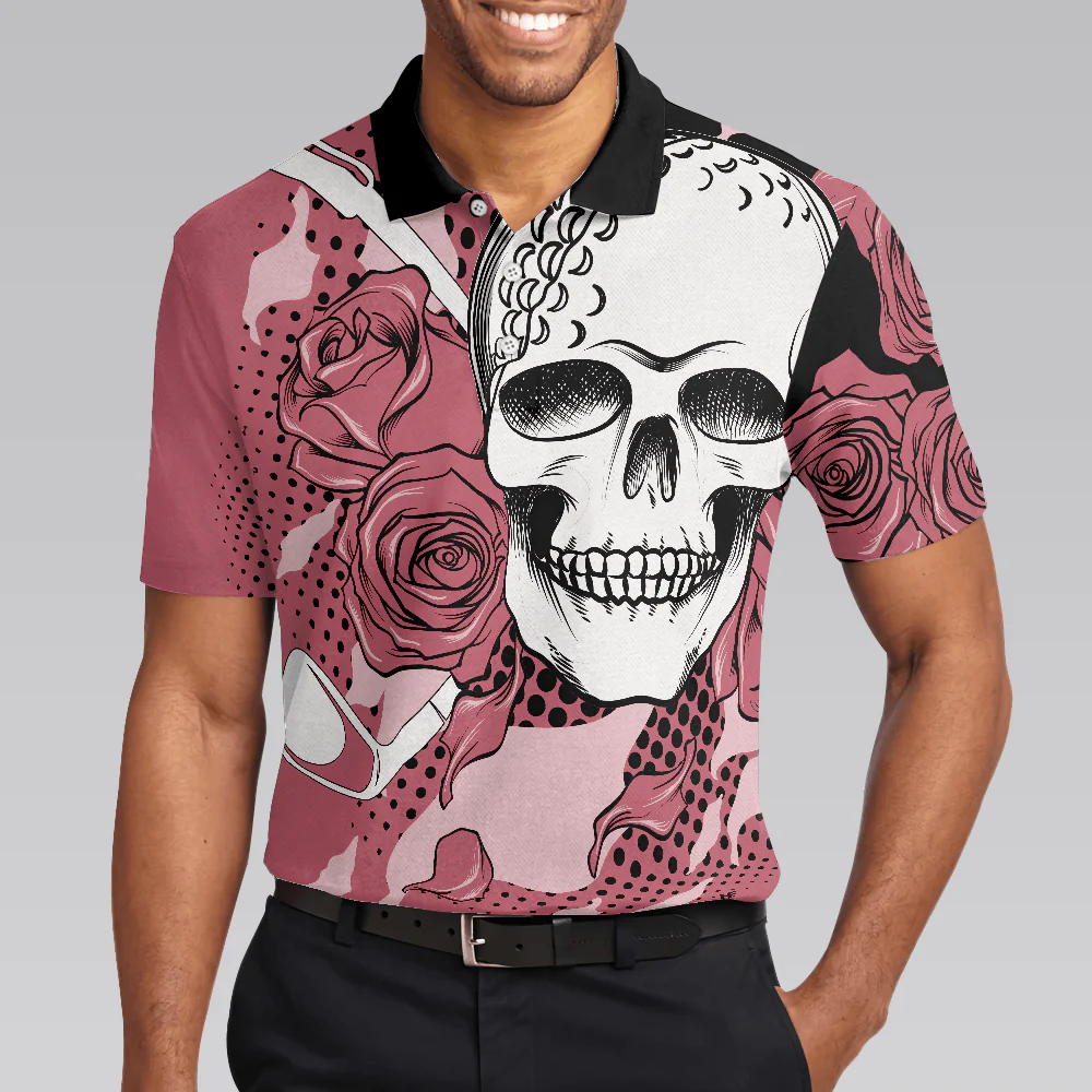 Men Golf Polo Shirt - Golf Rose Skull Men Polo Shirt, Pink Men Golf Polo Shirt - Perfect Polo Shirt For Men, Golfers - Image 5
