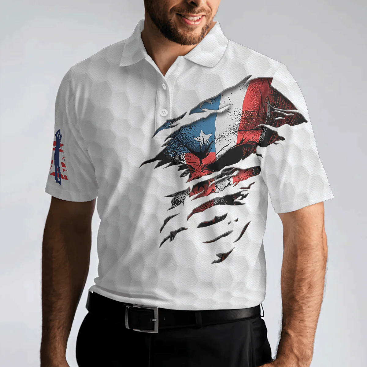 Men Golf Polo Shirt - Golf Skull American Flag Polo Shirt, White Golf Pattern Polo Shirt, Patriotic Golf Shirt For Men, Best Gift For Golfers - Image 5