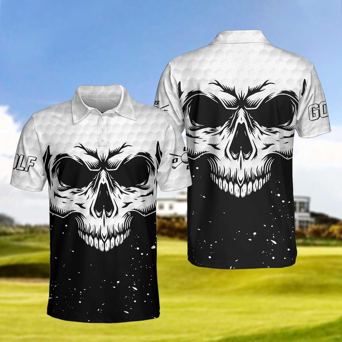 Men Golf Polo Shirt - Golf Skull Pattern Black And White Polo Shirt, Golf Pattern Polo Shirt, Best Golf Shirt For Men, Golfers