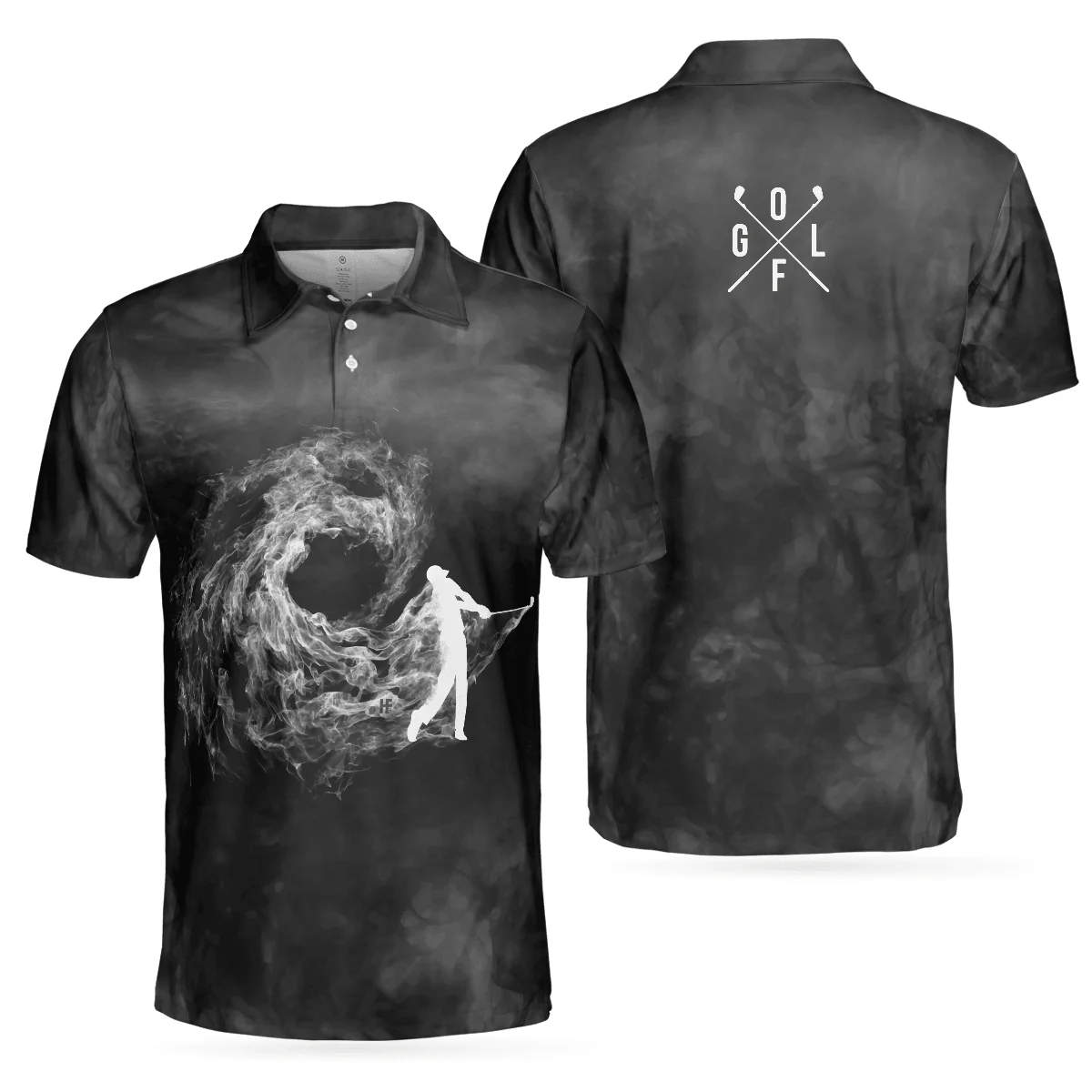 Men Golf Polo Shirt - Golfer On Smoke Background Men Polo Shirt, Black Smoke Golfing Polo Shirt, Best Golf Shirt For Men, Golfers