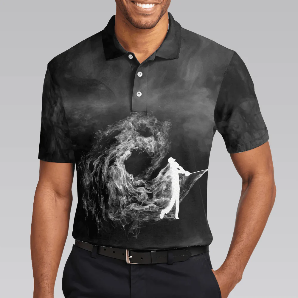 Men Golf Polo Shirt - Golfer On Smoke Background Men Polo Shirt, Black Smoke Golfing Polo Shirt, Best Golf Shirt For Men, Golfers - Image 4