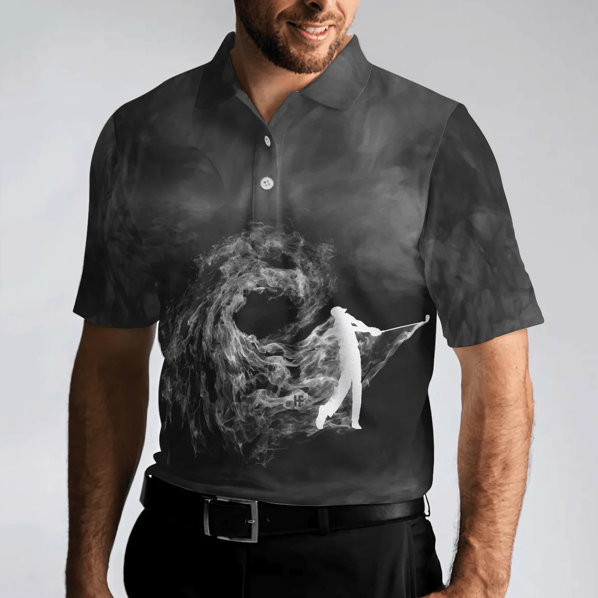 Men Golf Polo Shirt - Golfer On Smoke Background Men Polo Shirt, Black Smoke Golfing Polo Shirt, Best Golf Shirt For Men, Golfers - Image 5