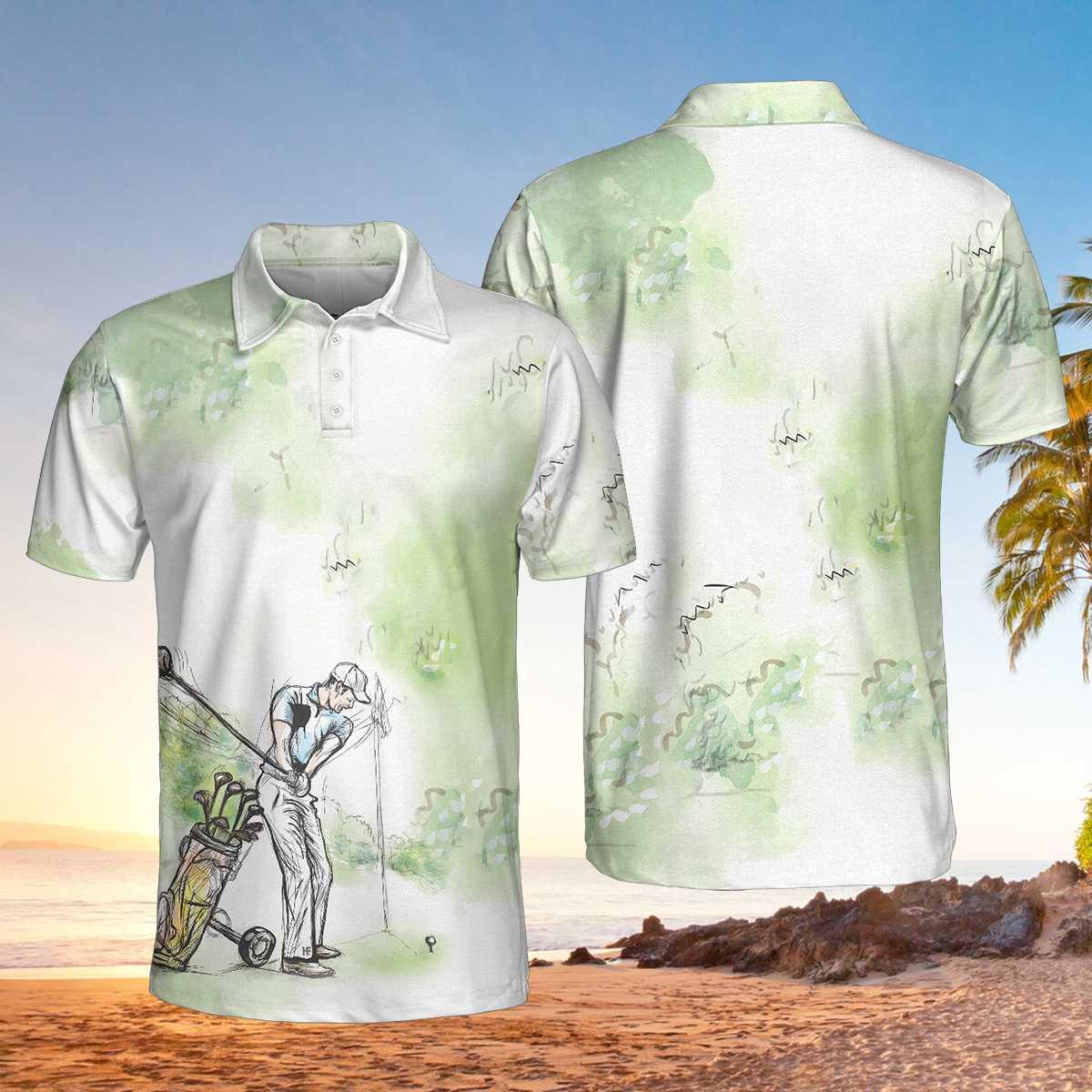 Men Golf Polo Shirt - Golfer Painting Men Polo Shirt, Green Tree Pattern Golfer Sketching Polo Shirt, Best Golf Shirt For Men, Golfers