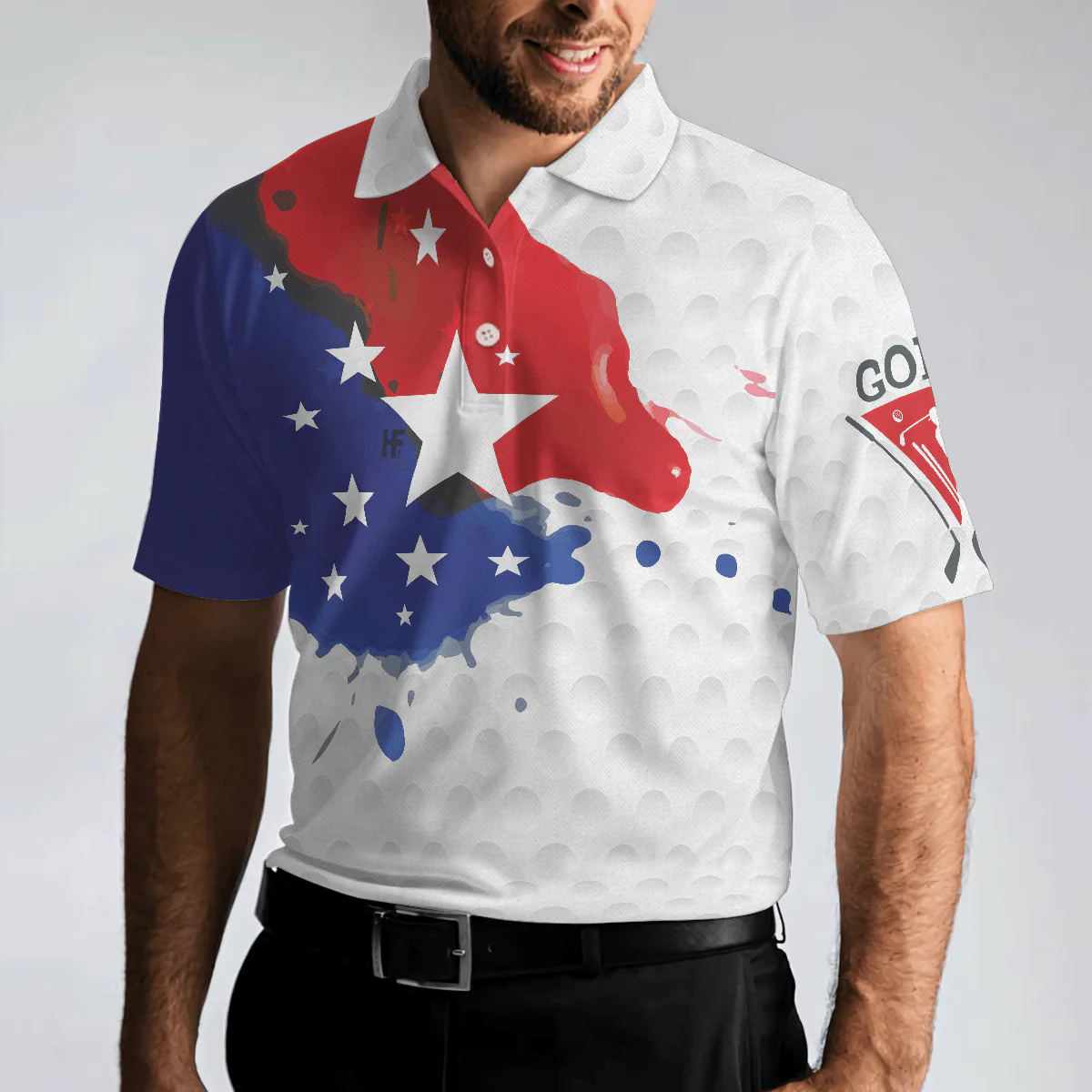 Men Golf Polo Shirt - Grunge Style American Flag Men Polo Shirt, Golf Pattern Wet Paint Polo Shirt, Patriotic Golf Shirt For Men - Image 5