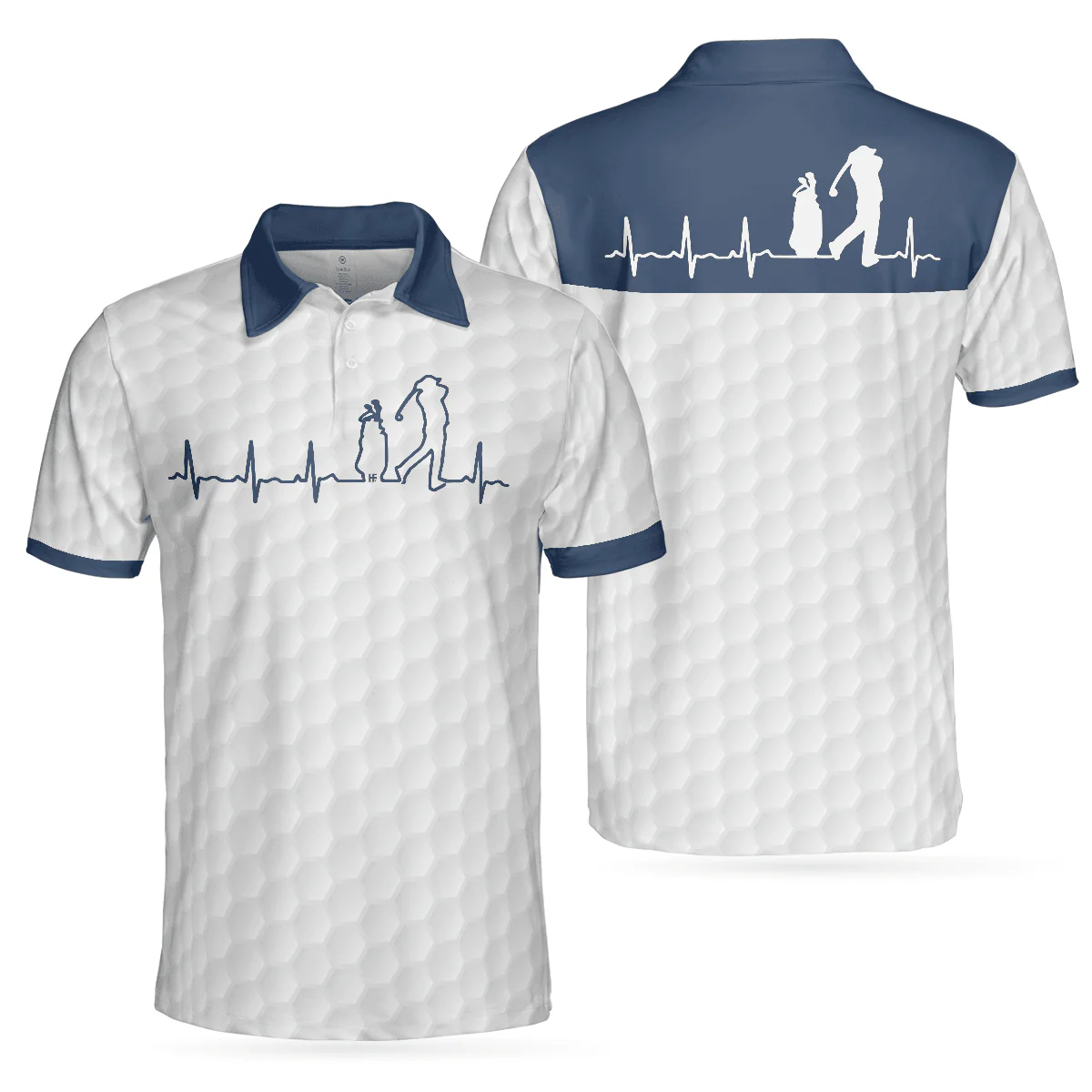 Men Golf Polo Shirt - Heartbeat Golfer White And Navy Golf Men Polo Shirt, White Golf Ball Pattern Polo Shirt For Men, Best Gift For Golfers