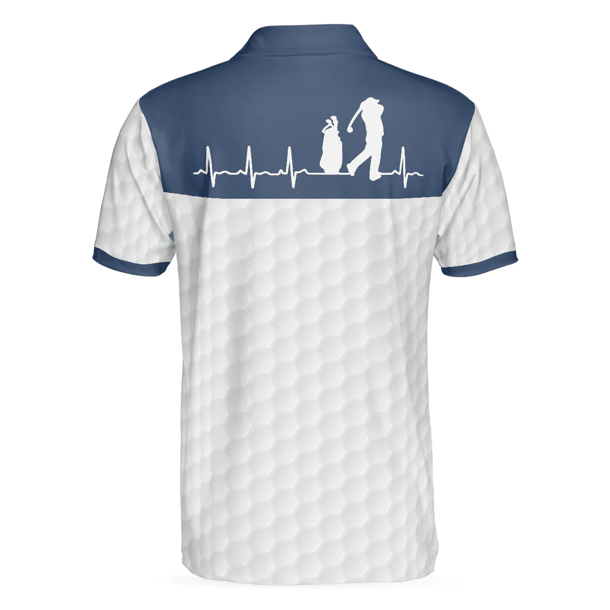 Men Golf Polo Shirt - Heartbeat Golfer White And Navy Golf Men Polo Shirt, White Golf Ball Pattern Polo Shirt For Men, Best Gift For Golfers - Image 2