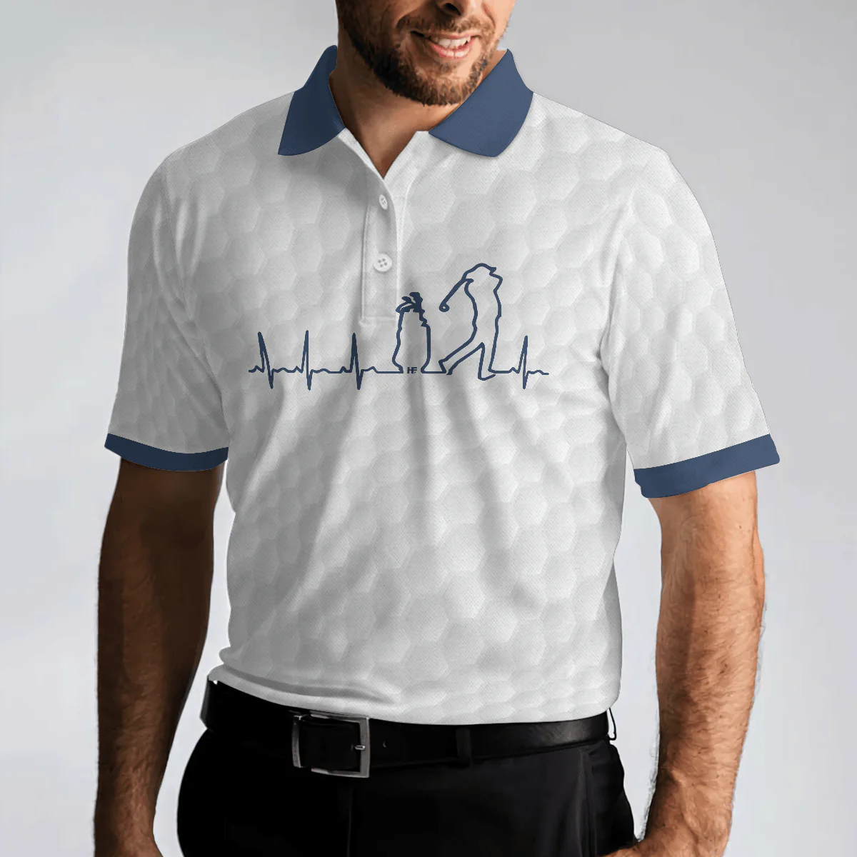 Men Golf Polo Shirt - Heartbeat Golfer White And Navy Golf Men Polo Shirt, White Golf Ball Pattern Polo Shirt For Men, Best Gift For Golfers - Image 4