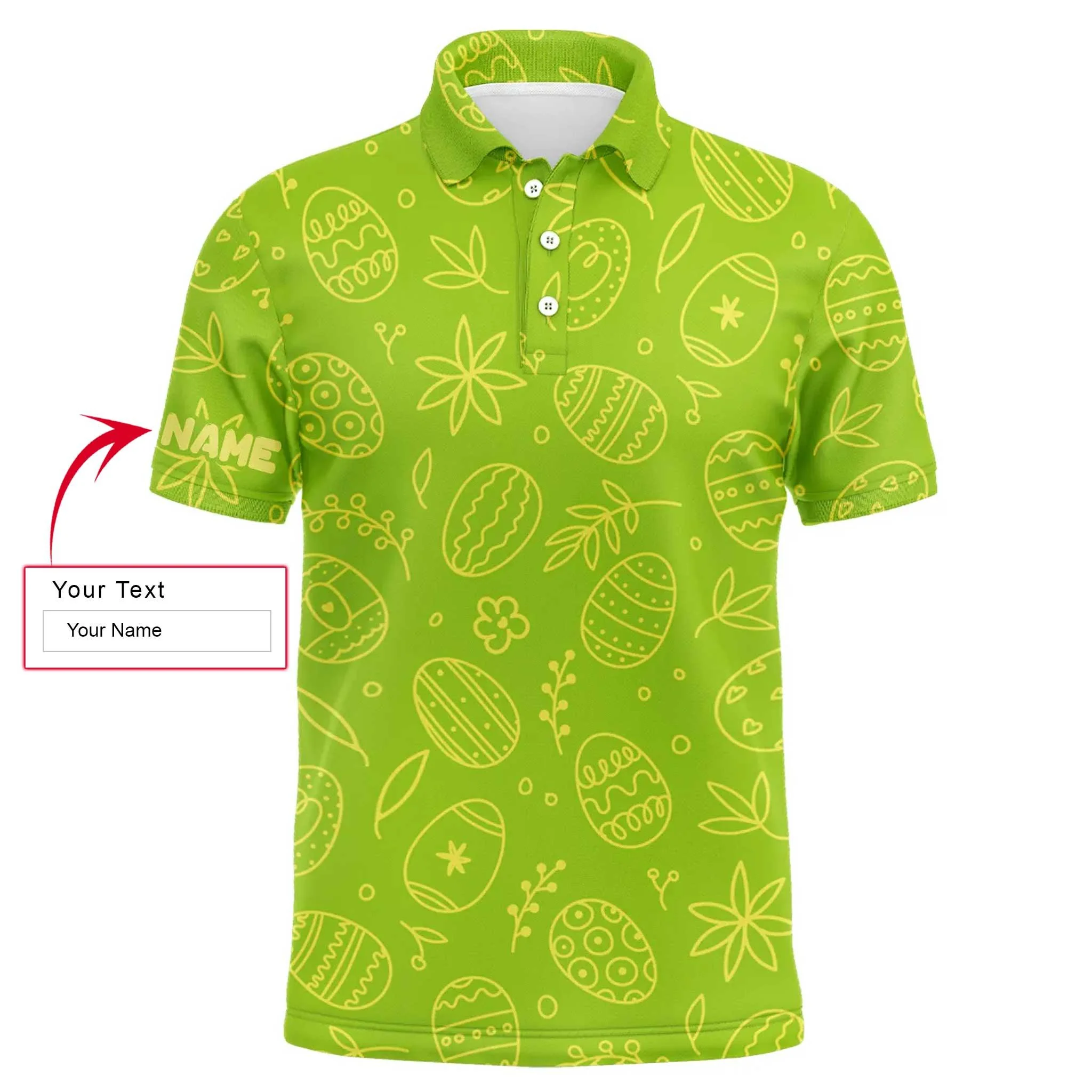 Men Easter Polo Shirt - Lime Green Easter Eggs Pattern Custom Name Polo Shirt - Personalized Gift For Golf Lover, Men, Easter's Day