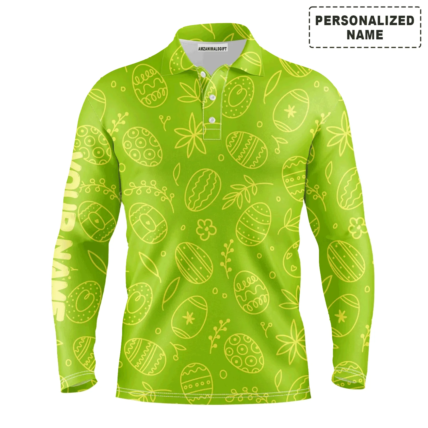 Men Easter Polo Shirt - Lime Green Easter Eggs Pattern Custom Name Polo Shirt - Personalized Gift For Golf Lover, Men, Easter's Day - Image 3