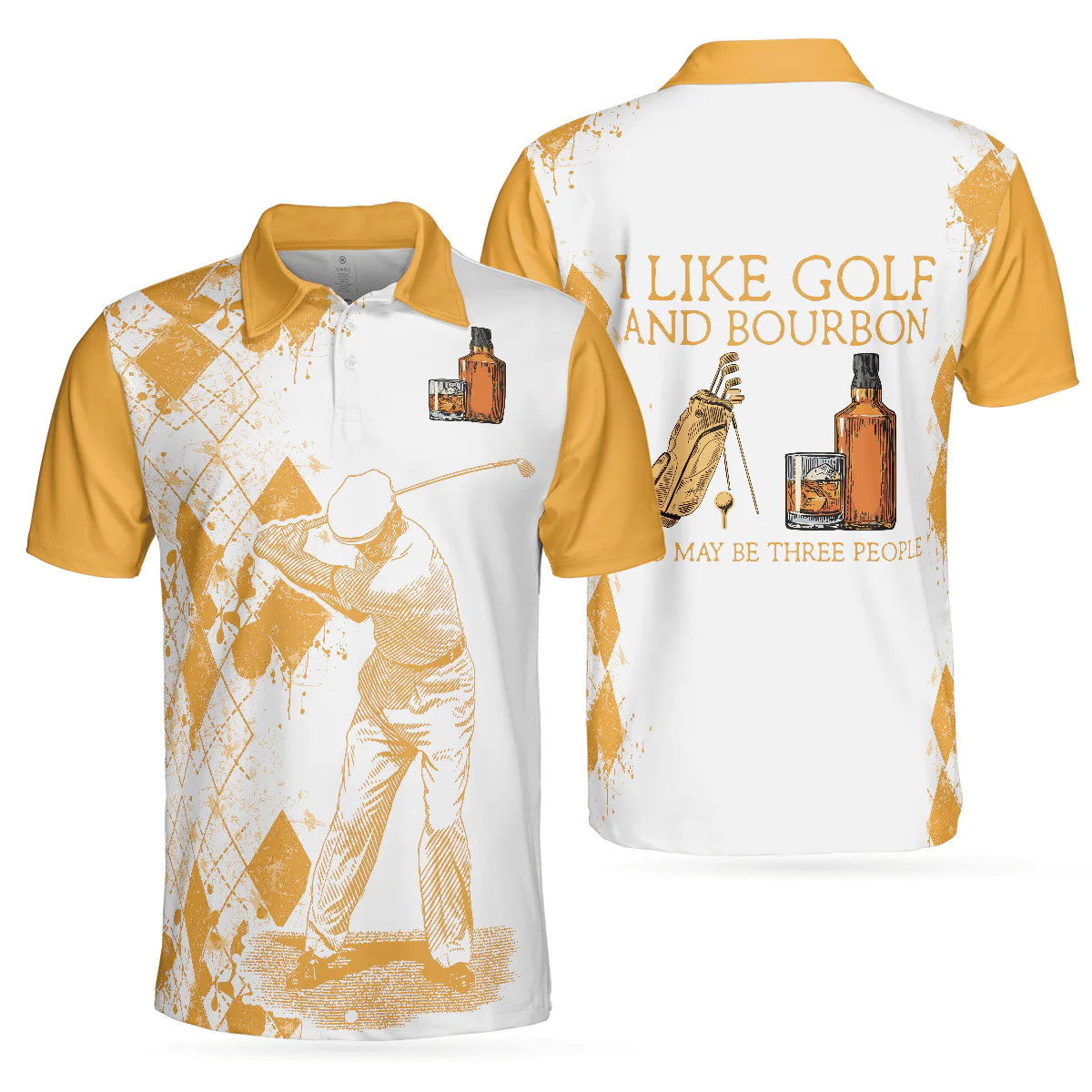 Men Golf Polo Shirt - Orange Argyle Pattern Golf Men Polo Shirt, Golf And Wine Shirt For Male Players - Perfect Polo Shirt For Men, Golfers