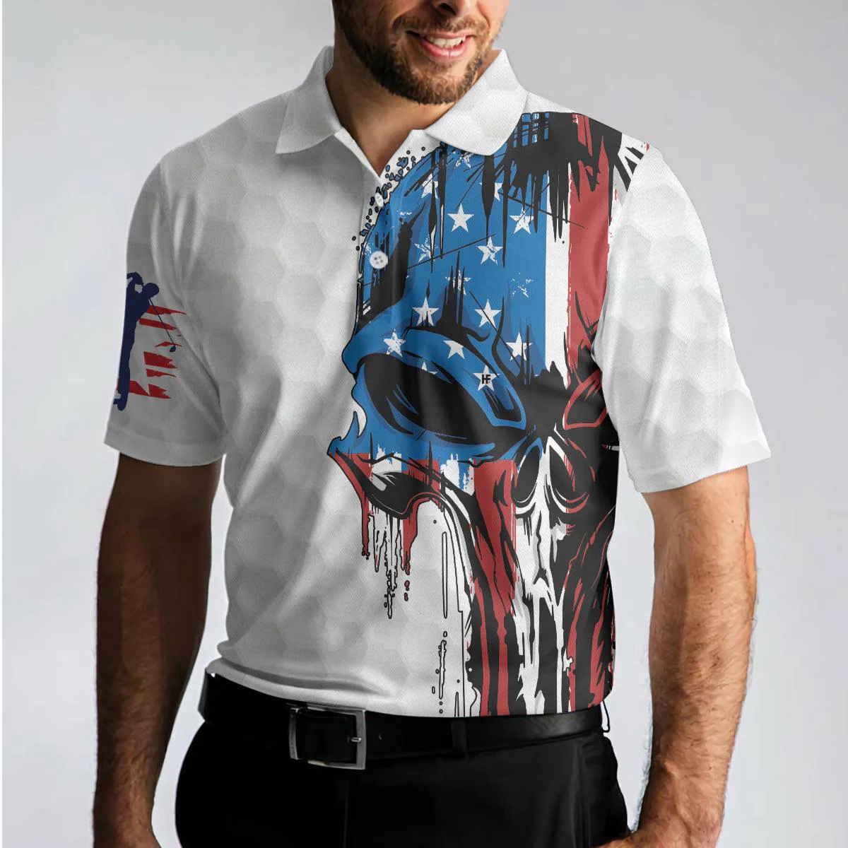Men Golf Polo Shirt - Patriot White Golf Pattern Wet Paint Skull Men Polo Shirt, Golf American Flag Polo Shirt, Patriotic Golf Shirt For Men, Best Gift For Golfers - Image 2