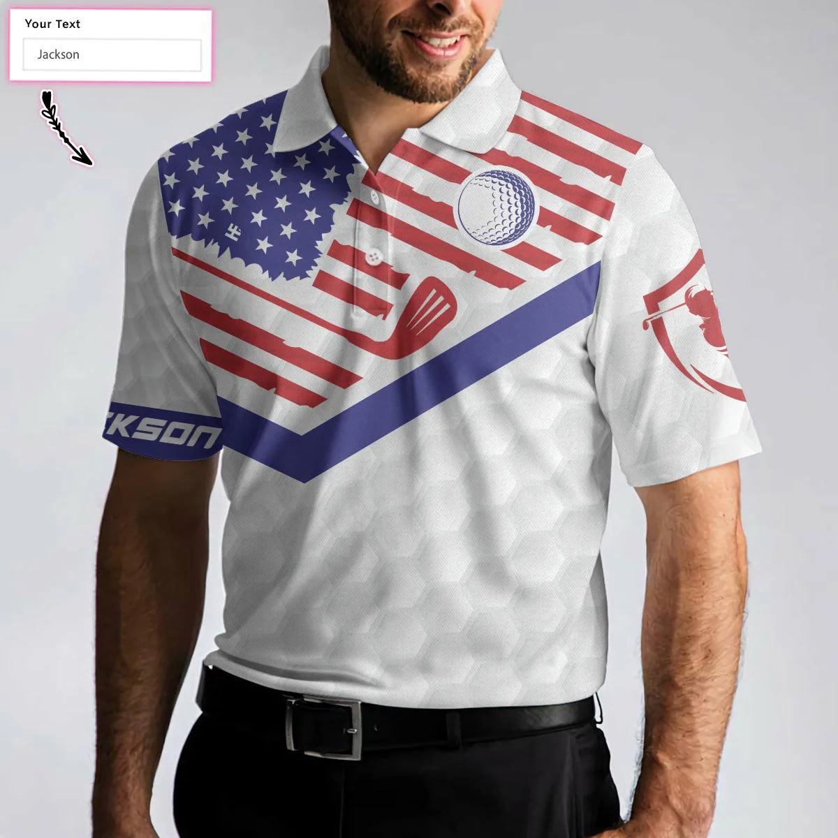Men Golf Polo Shirt - Personalized White Golf Pattern Men Polo Shirt, Golf American Flag New Custom Polo Shirt, Patriotic Golf Shirt For Men, Golfers - Image 2