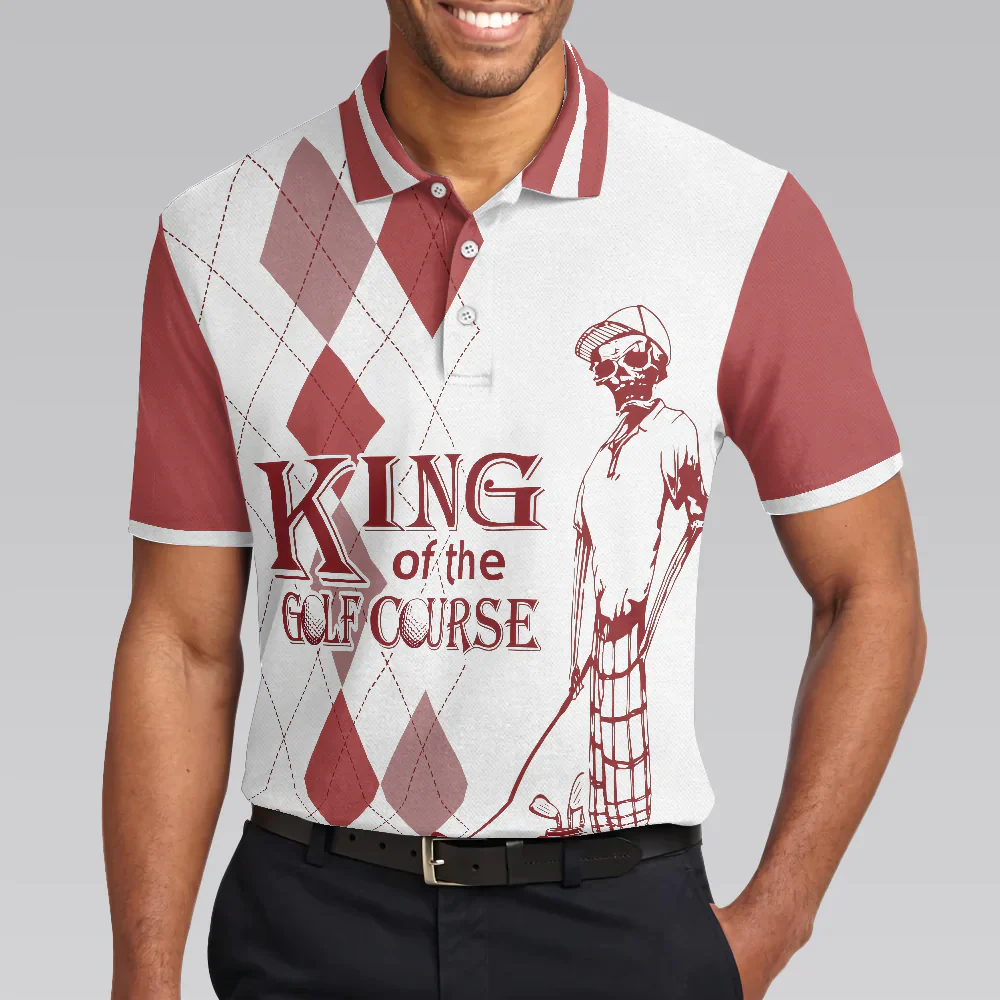 Men Golf Polo Shirt - Red Argyle Pattern Skeleton Golfer Men Polo Shirt, King Of The Golf Course Golf Polo Shirt, Best Golf Shirt For Male - Image 5