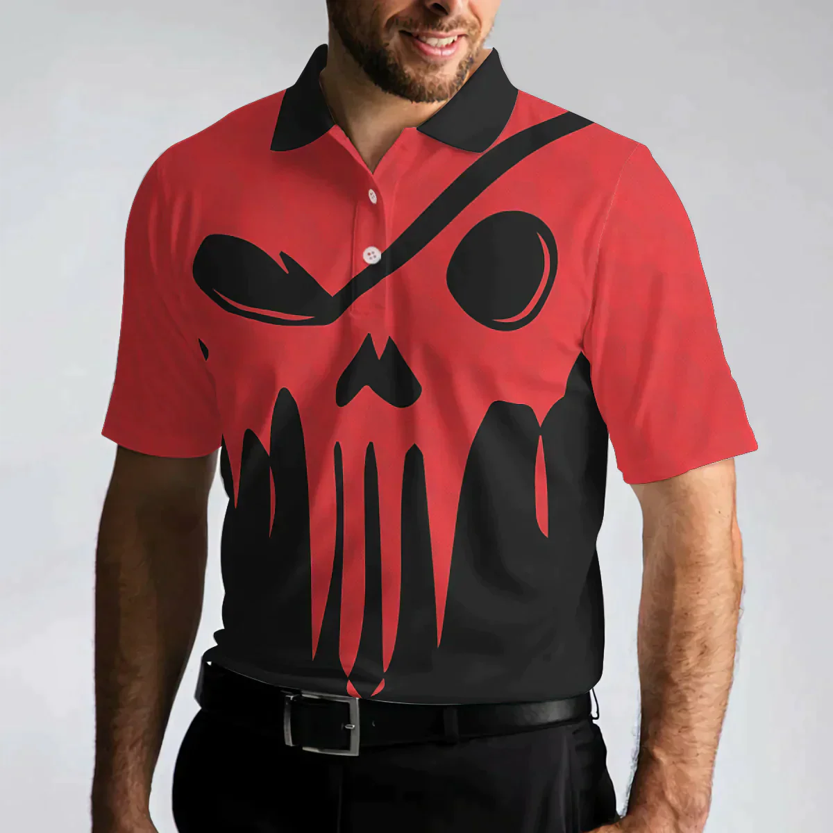 Men Golf Polo Shirt - Scary Skull Polo Shirt, Less Talk More Golfing Shirt, Black And Red Men Golf Polo Shirt - Perfect Polo Shirt For Men, Golfers - Image 4