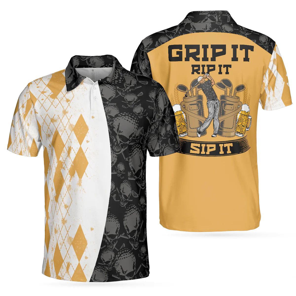 Men Golf Polo Shirt - Skull And Yellow Argyle Pattern Golf Polo Shirt, Grip It Rip It Sip It , Skull Golf Golf Polo Shirt For Men, Golfers