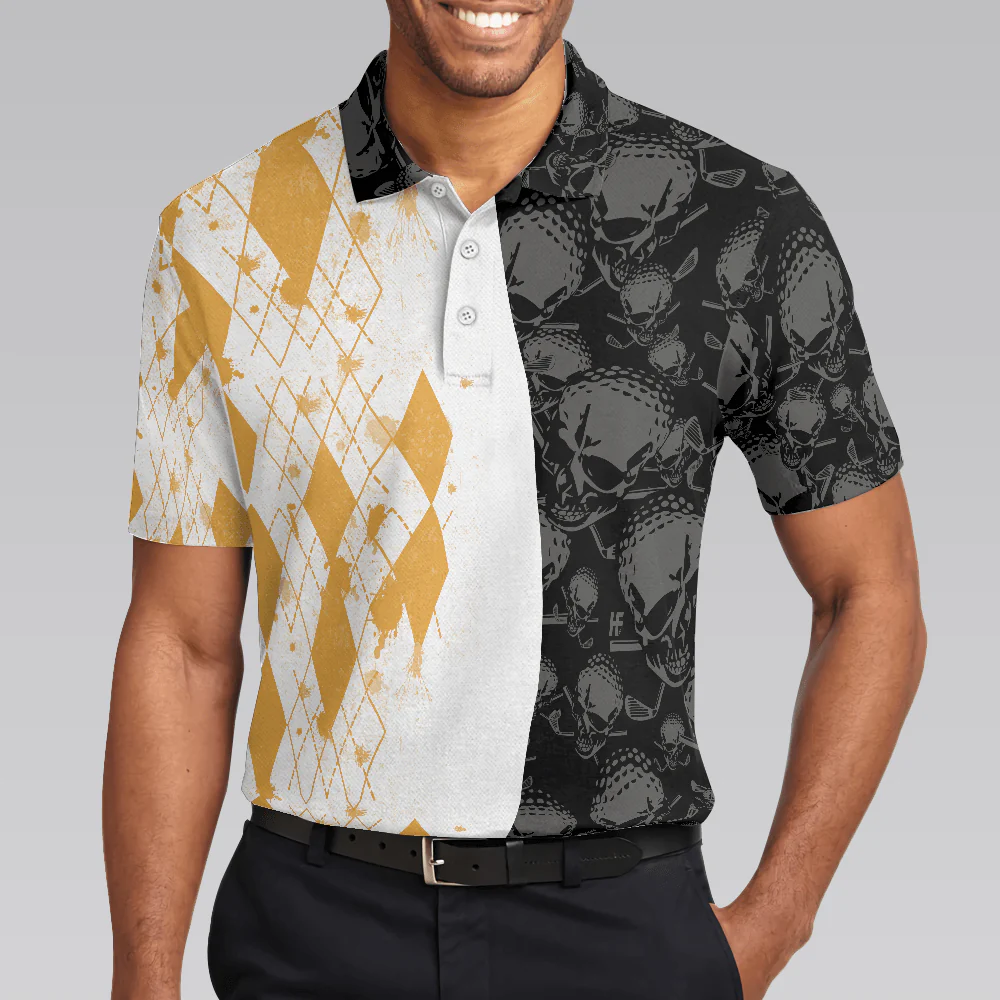 Men Golf Polo Shirt - Skull And Yellow Argyle Pattern Golf Polo Shirt, Grip It Rip It Sip It , Skull Golf Golf Polo Shirt For Men, Golfers - Image 5