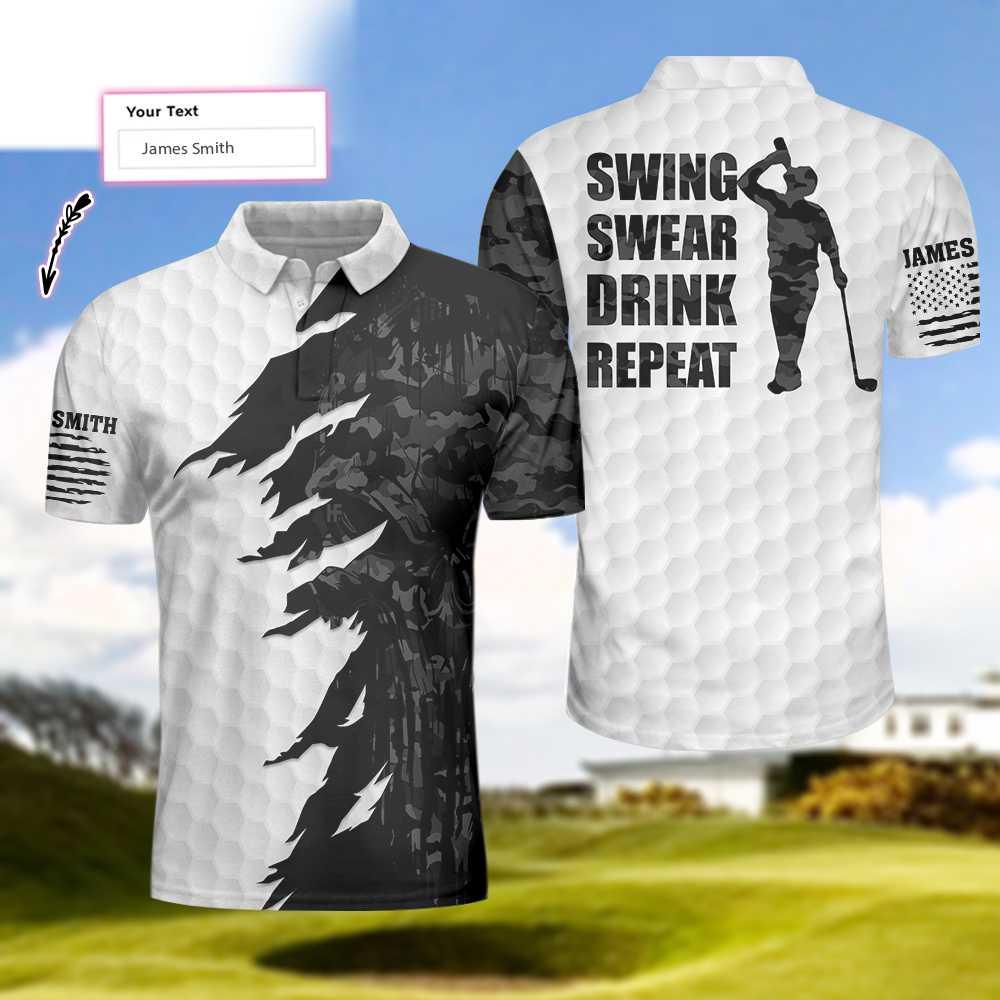 Men Golf Polo Shirt - Swing Swear Drink Repeat Ripped Camouflage Skull Golf Custom Polo Shirt, Personalized Black And White Golf Shirt For Men