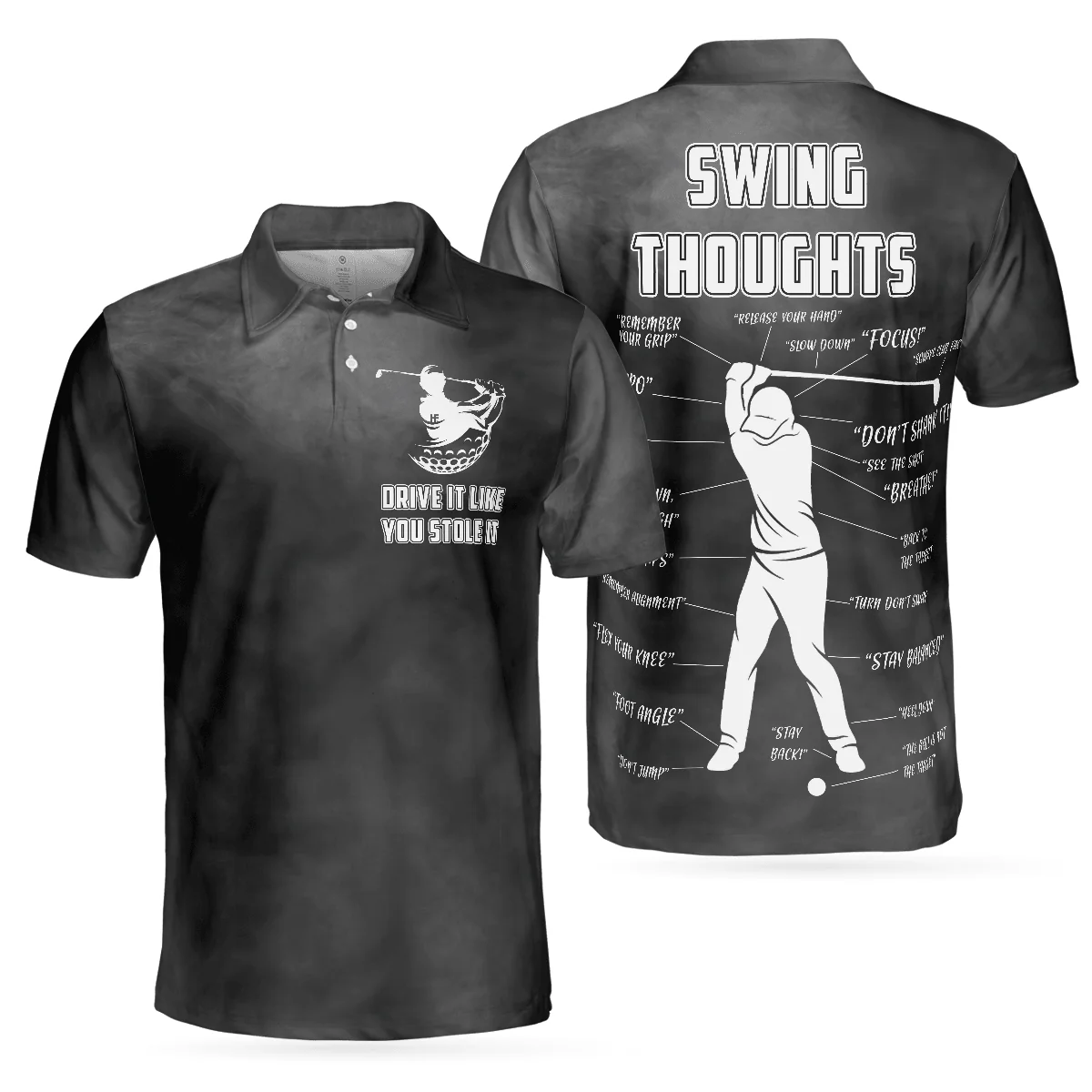 Men Golf Polo Shirt - Swing Thoughts Golf Polo Shirt, Black And Smoke Golfing Shirt, Funny Golf Shirt For Men - Perfect Gift For Men, Golfers