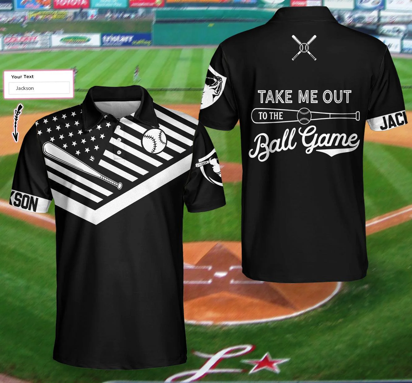 Men Golf Polo Shirt - Take Me Out To The Ball Game Custom Polo Shirt, Personalized Black American Flag Baseball Shirt - Perfect Gift For Men, Golf Lover