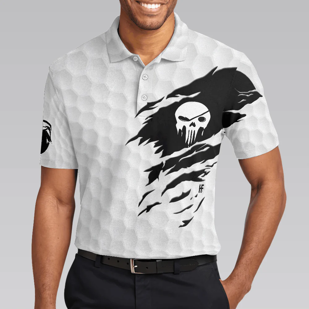 Men Golf Polo Shirt - The Golf Skull Men Golf Polo Shirt, Black And White Golf Pattern Ripped Skull Polo Shirt, Best Golf Shirt For Men - Image 5