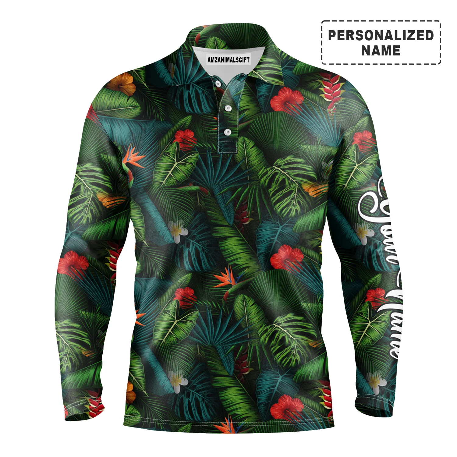 Men Tropical Polo Shirt - Tropical Summer Leaves Background Custom Name Men Polo Shirt - Personalized Gift For Men & Women, Friends, Family - Image 2