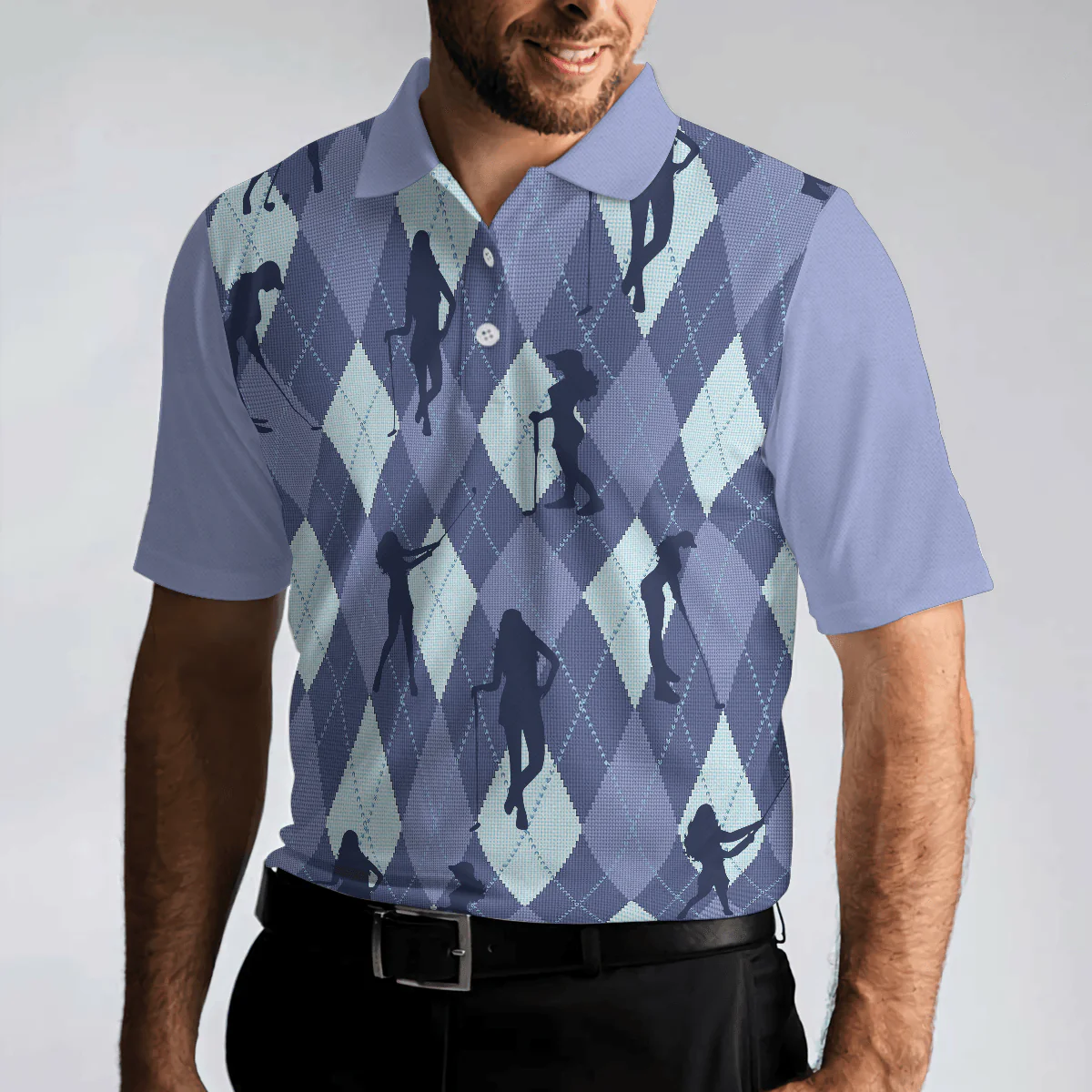 Men Golf Polo Shirt - Vintage Blue Palatte Girl Golf Polo Shirt,Argyle Pattern Girl Golfer Silhouette Polo Shirt,Fun Golf Shirt - Perfect Gift For Men - Image 4
