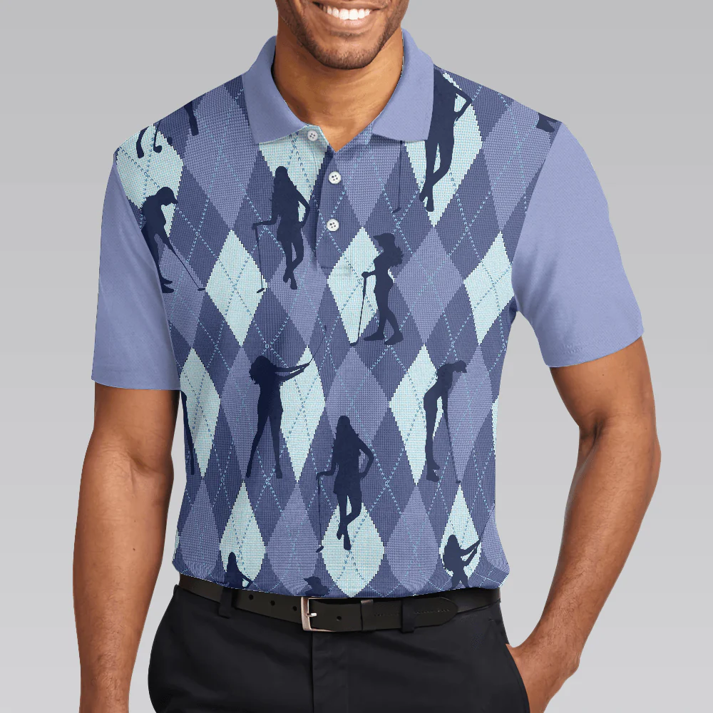 Men Golf Polo Shirt - Vintage Blue Palatte Girl Golf Polo Shirt,Argyle Pattern Girl Golfer Silhouette Polo Shirt,Fun Golf Shirt - Perfect Gift For Men - Image 5