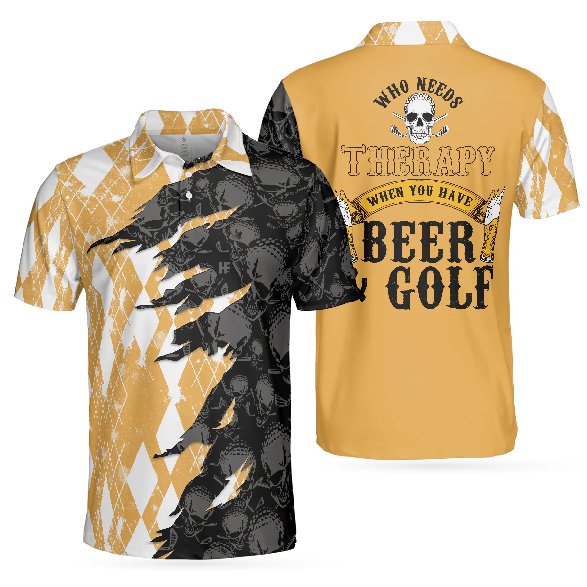 Men Golf Polo Shirt - Who Needs Therapy When You Have Beer & Golf Polo Shirt, Argyle Pattern Shirt Design For Drinking Golfers - Perfect Gift For Men